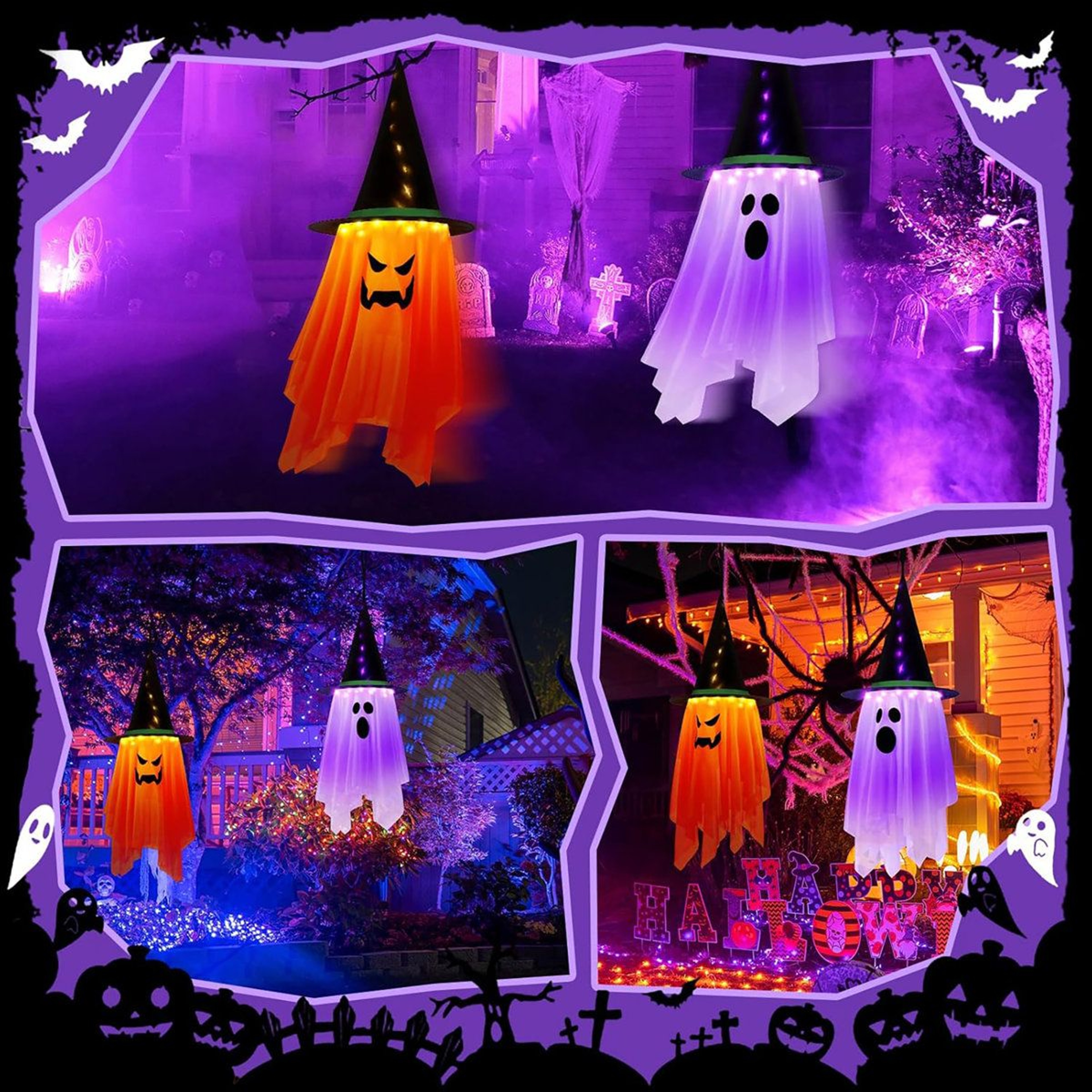 Halloween Hanging Ghost Witch Hat LED Lights With Remote Control 3