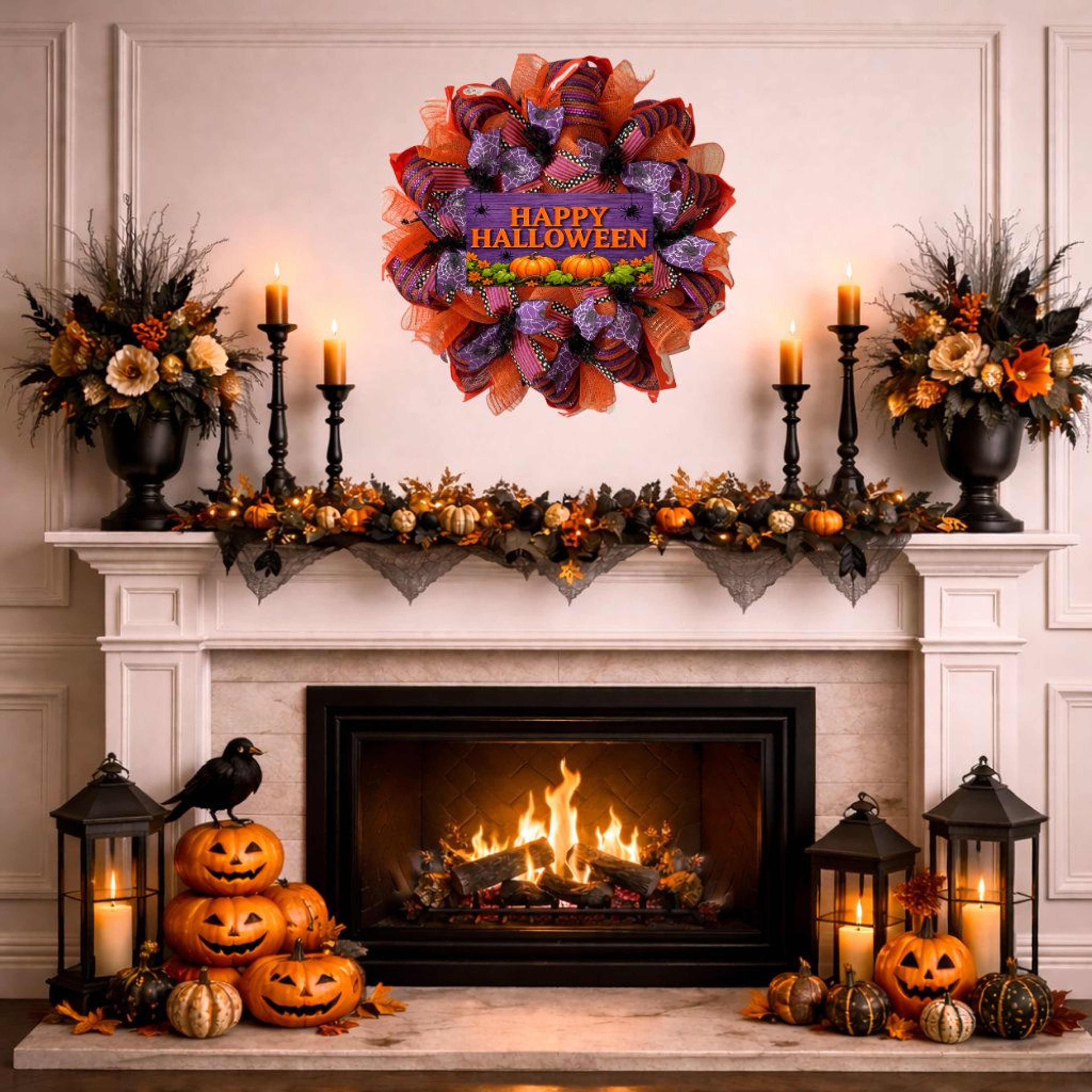 Handmade Halloween Wreath With Purple And Orange Deco Mesh 1