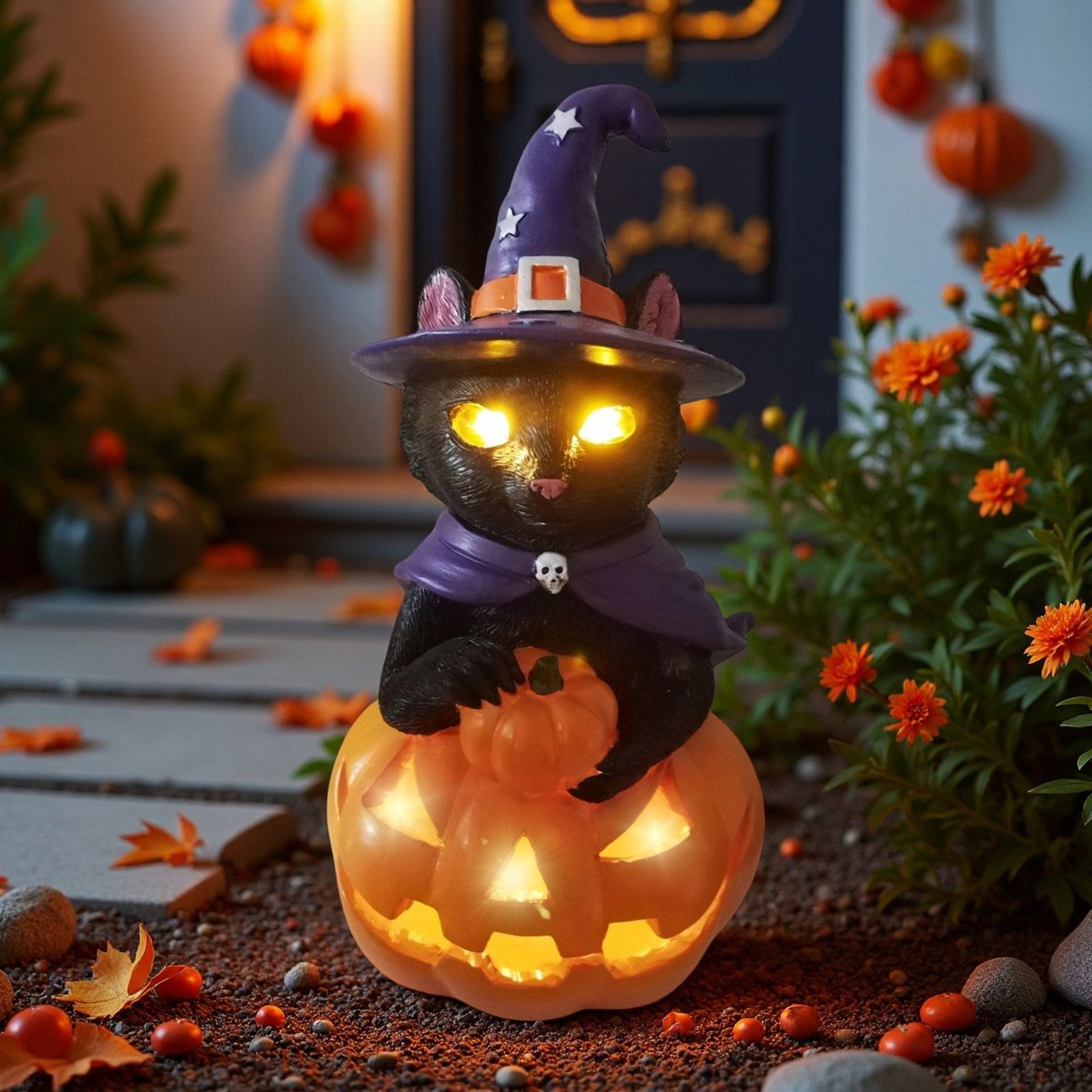 Halloween Black Cat Pumpkin Resin Garden Statue With LED Light 5