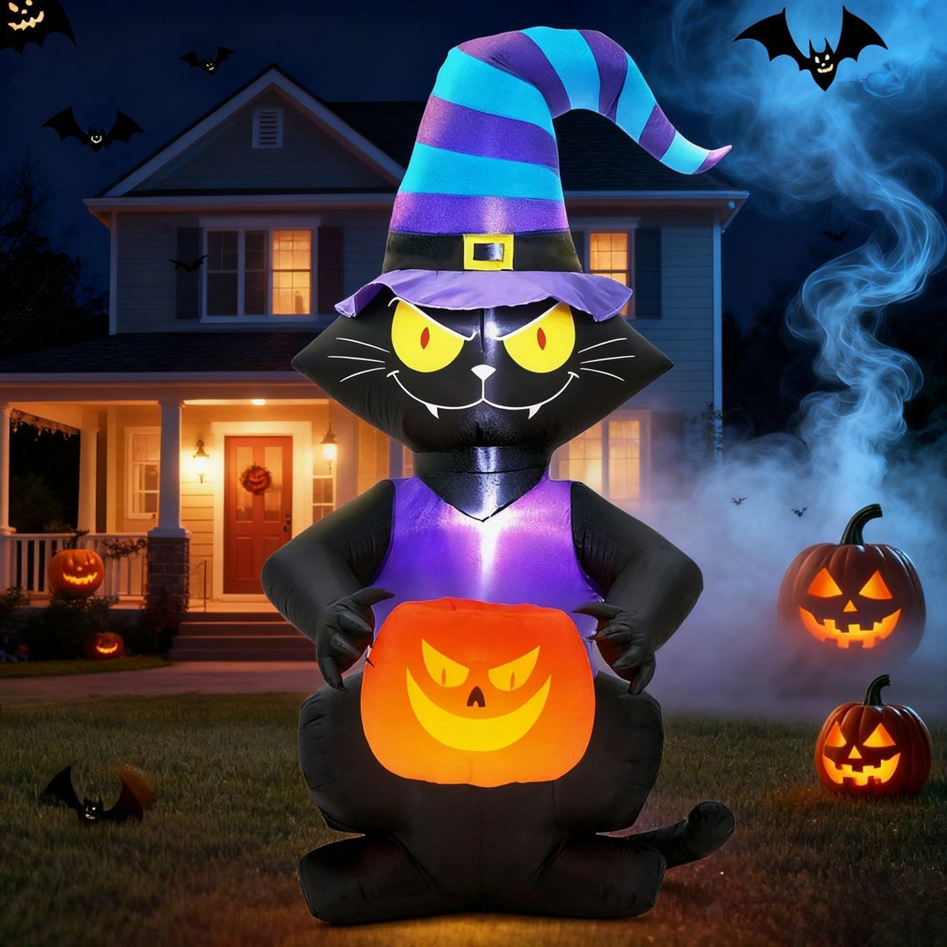 Halloween Inflatable Black Cat With Witch Hat And LED Lights 4