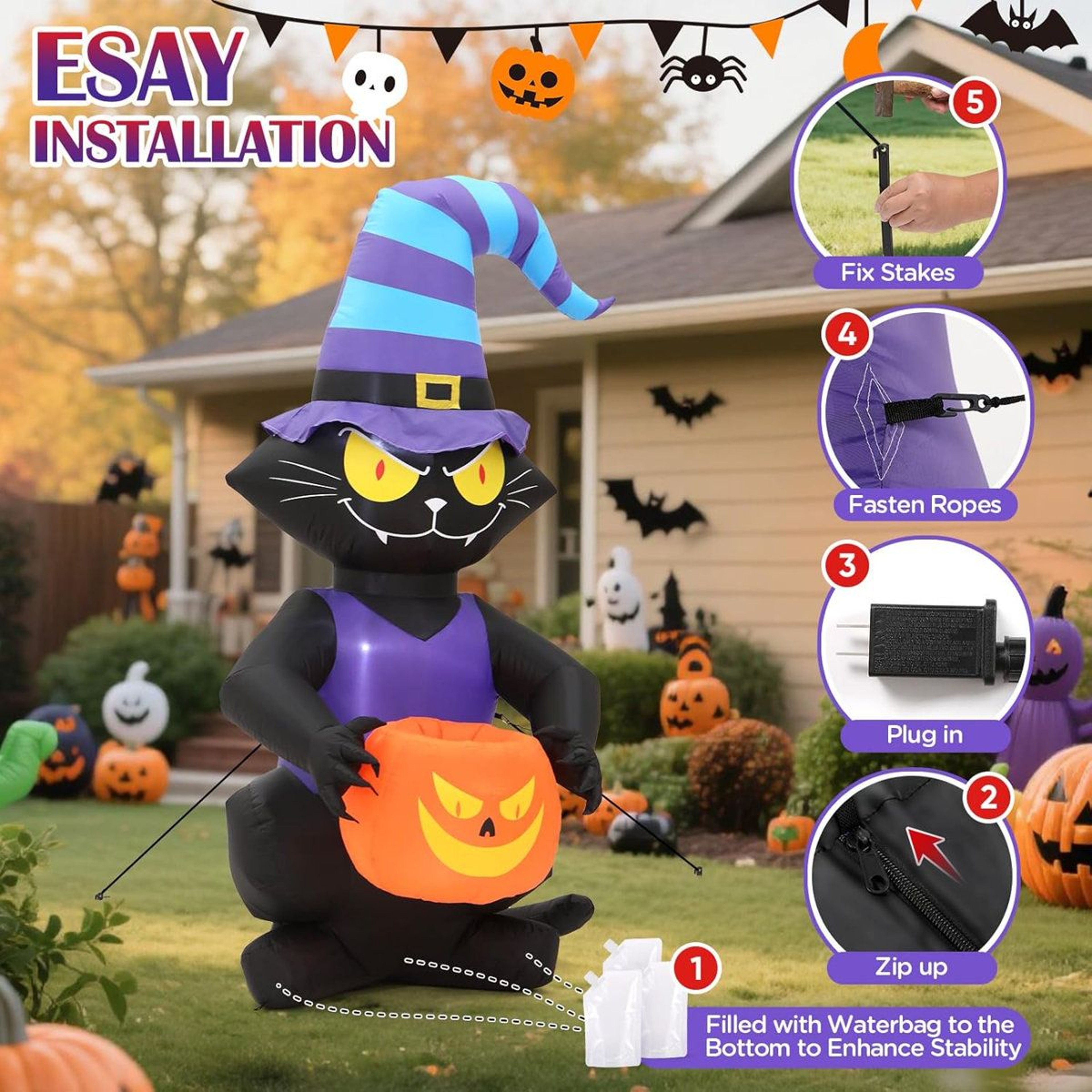Halloween Inflatable Black Cat With Witch Hat And LED Lights 2
