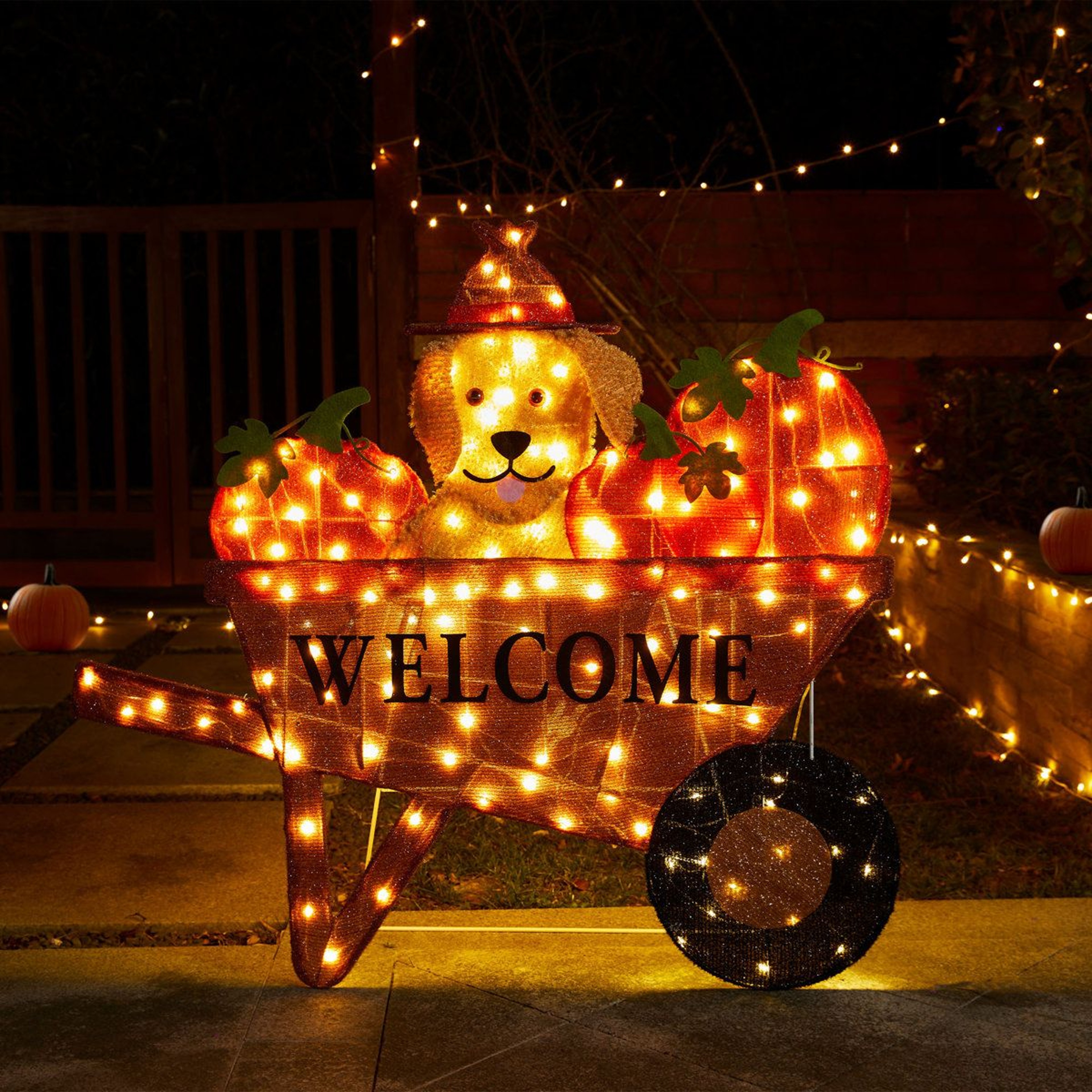 Lighted Fall Pumpkin Wheelbarrow With Labrador Dog And Warm White LED Lights 3