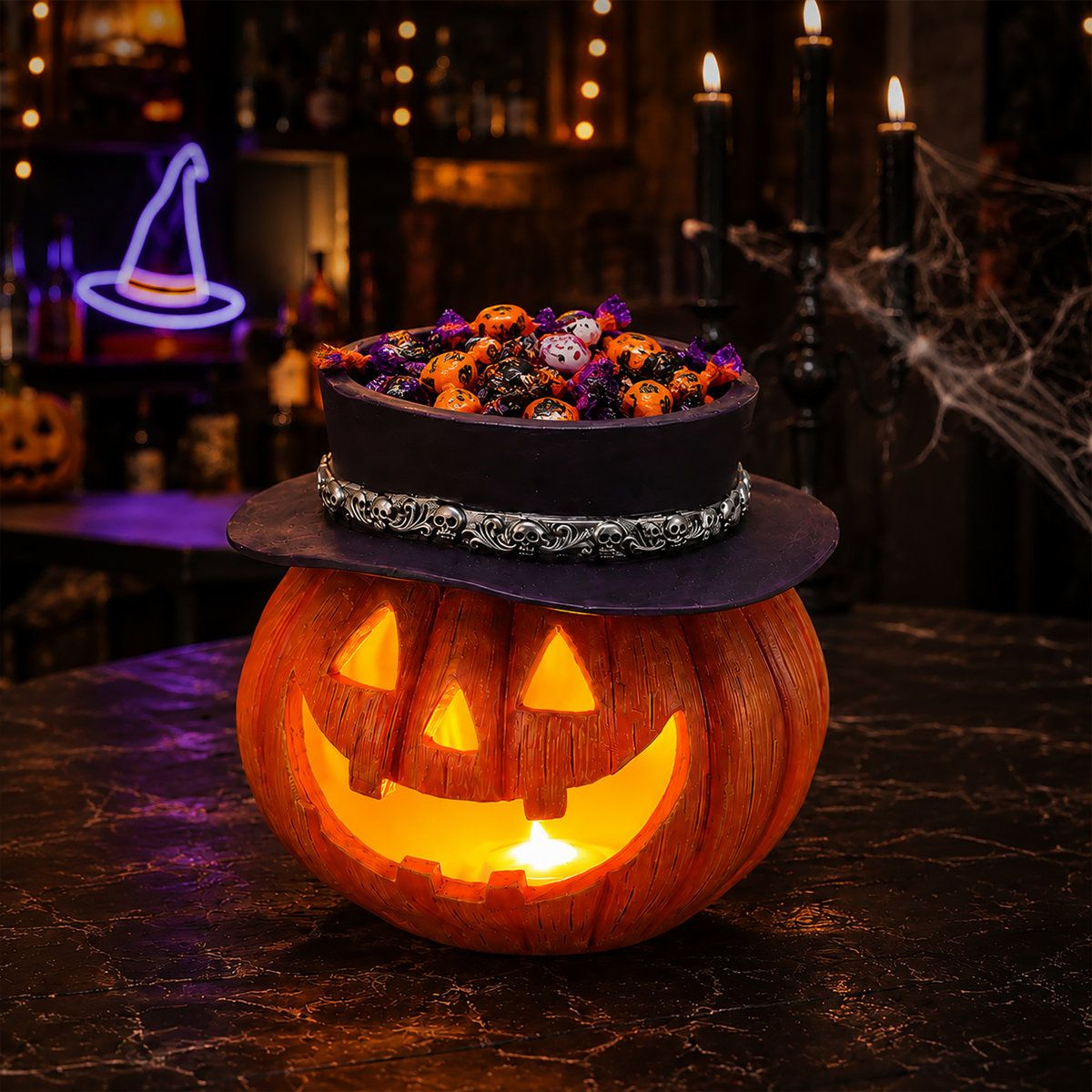 Lighted Halloween Jack O Lantern Candy Holder With Top Hat Resin Decoration 1