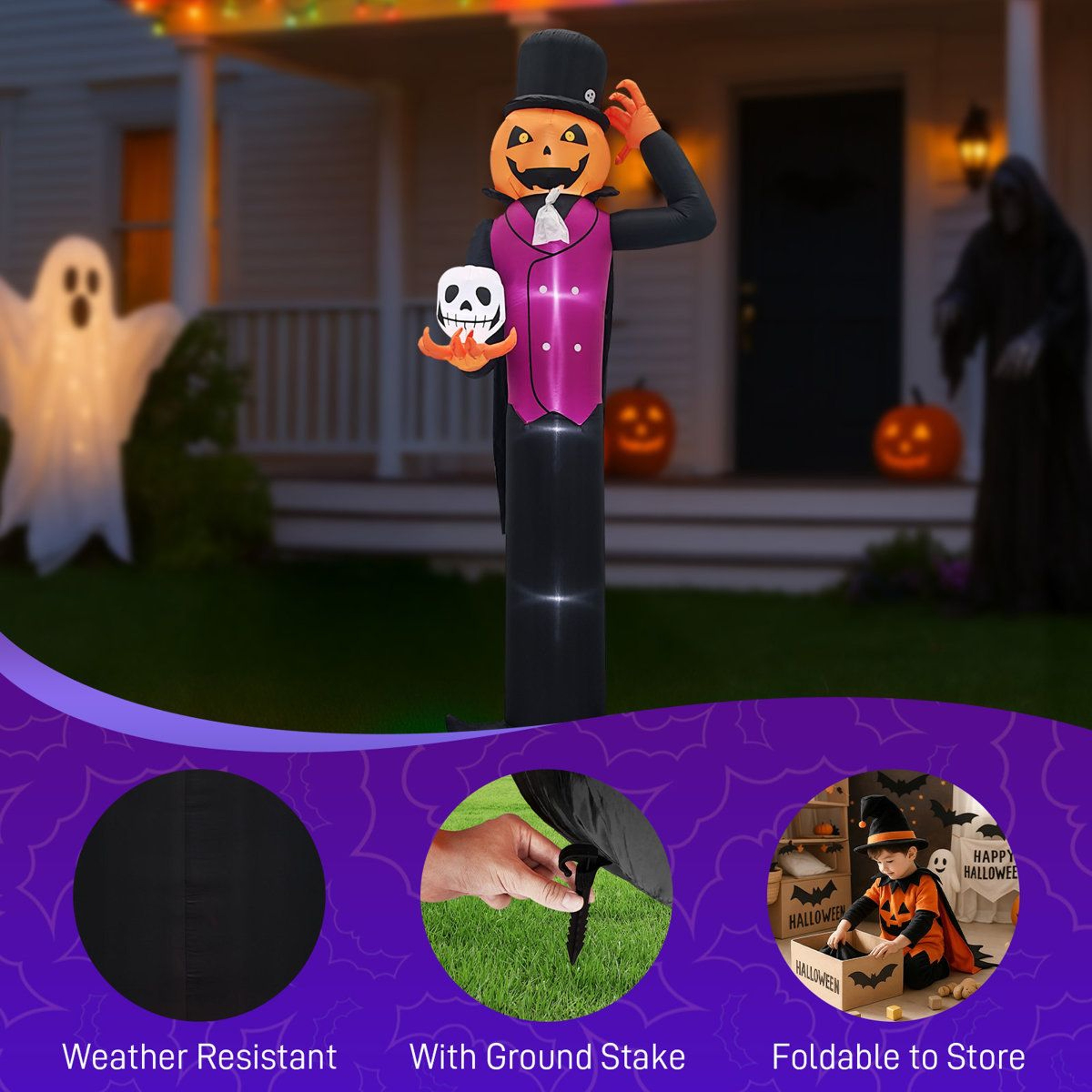 Halloween Inflatable Pumpkin Man Holding Skull With LED Lights For Outdoor Decor 3