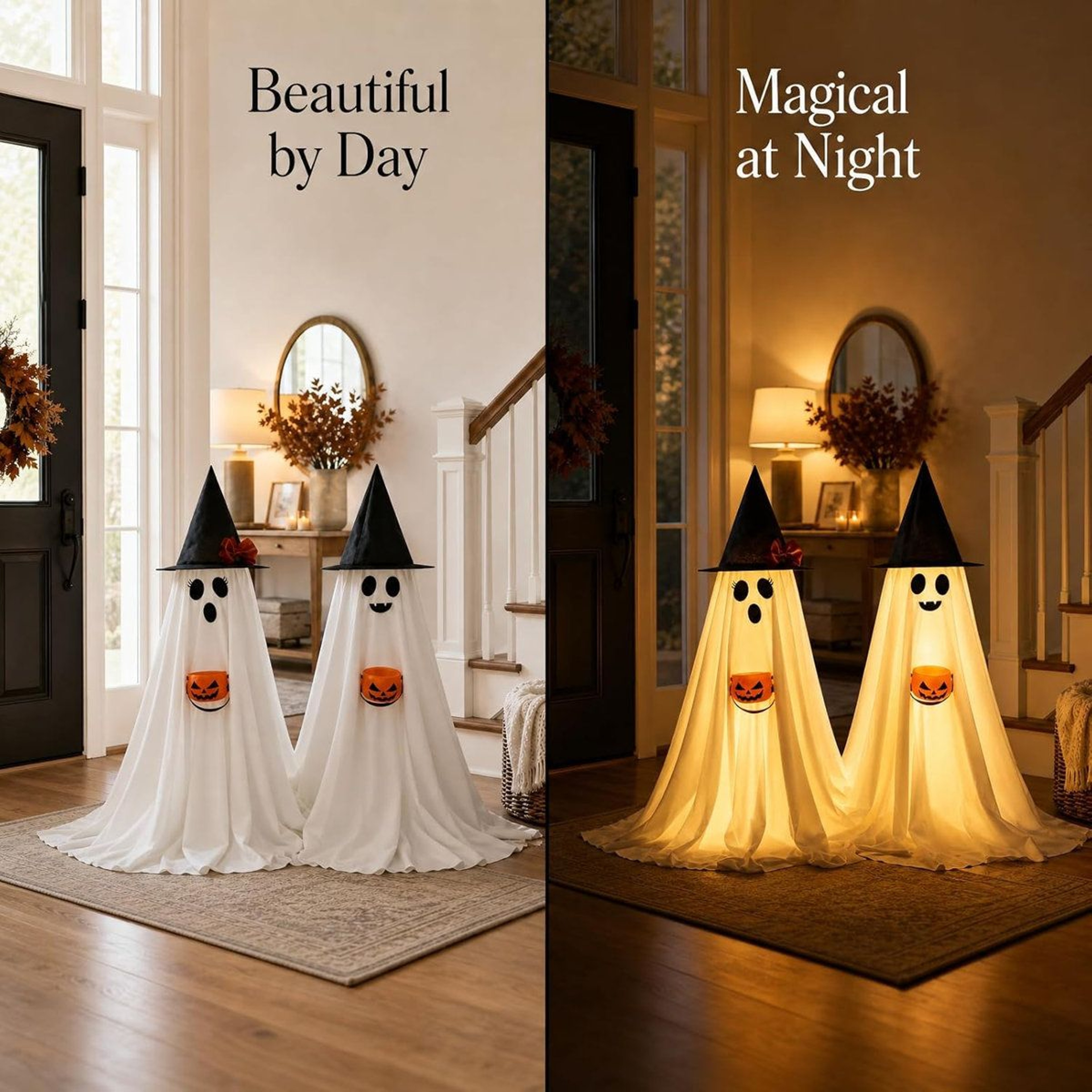 Halloween LED Ghost Decorations With Witch Hats And Pumpkin Buckets 2