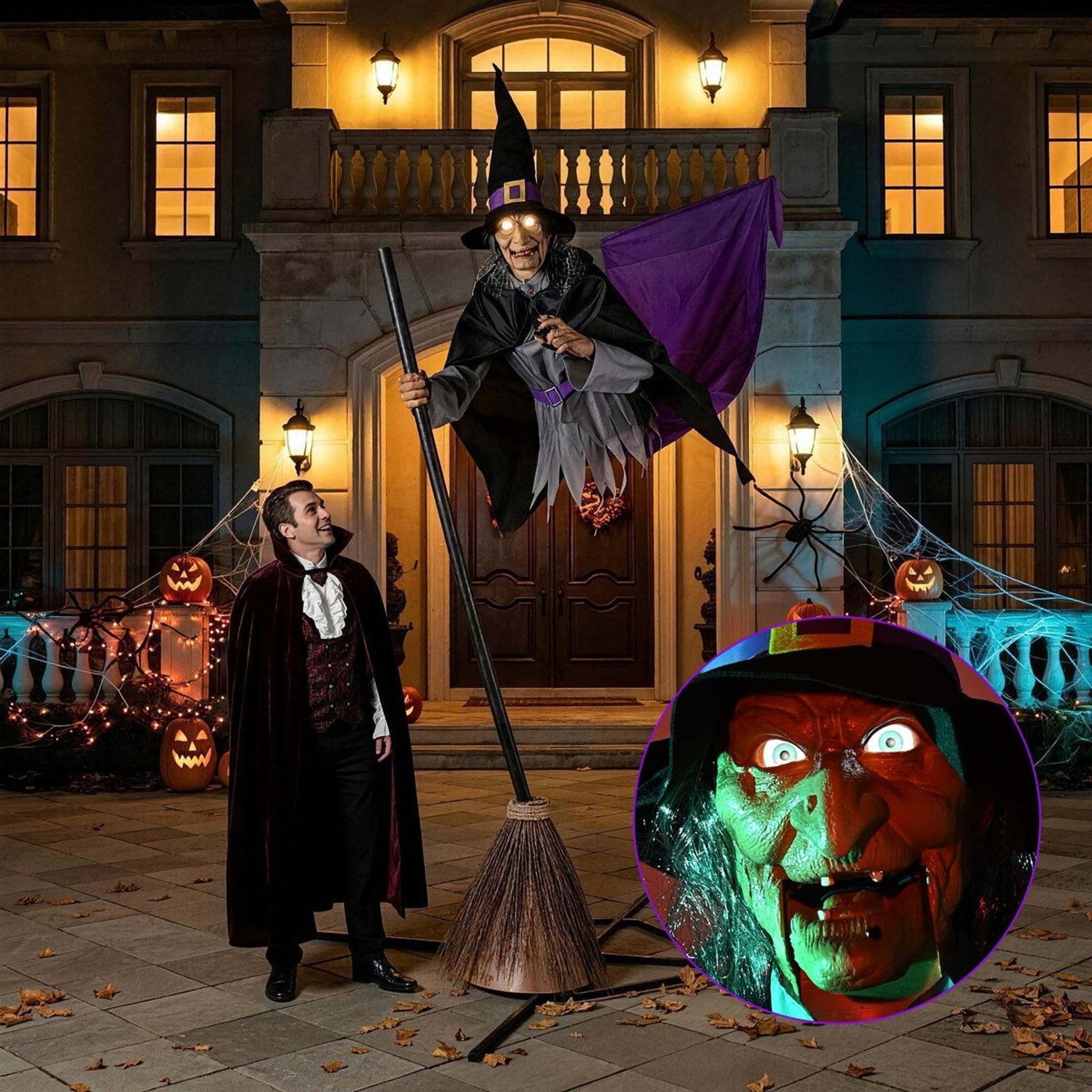 Animated Purple Witch Halloween Outdoor Decoration With UV Resistant Steel And Wood Frame 4