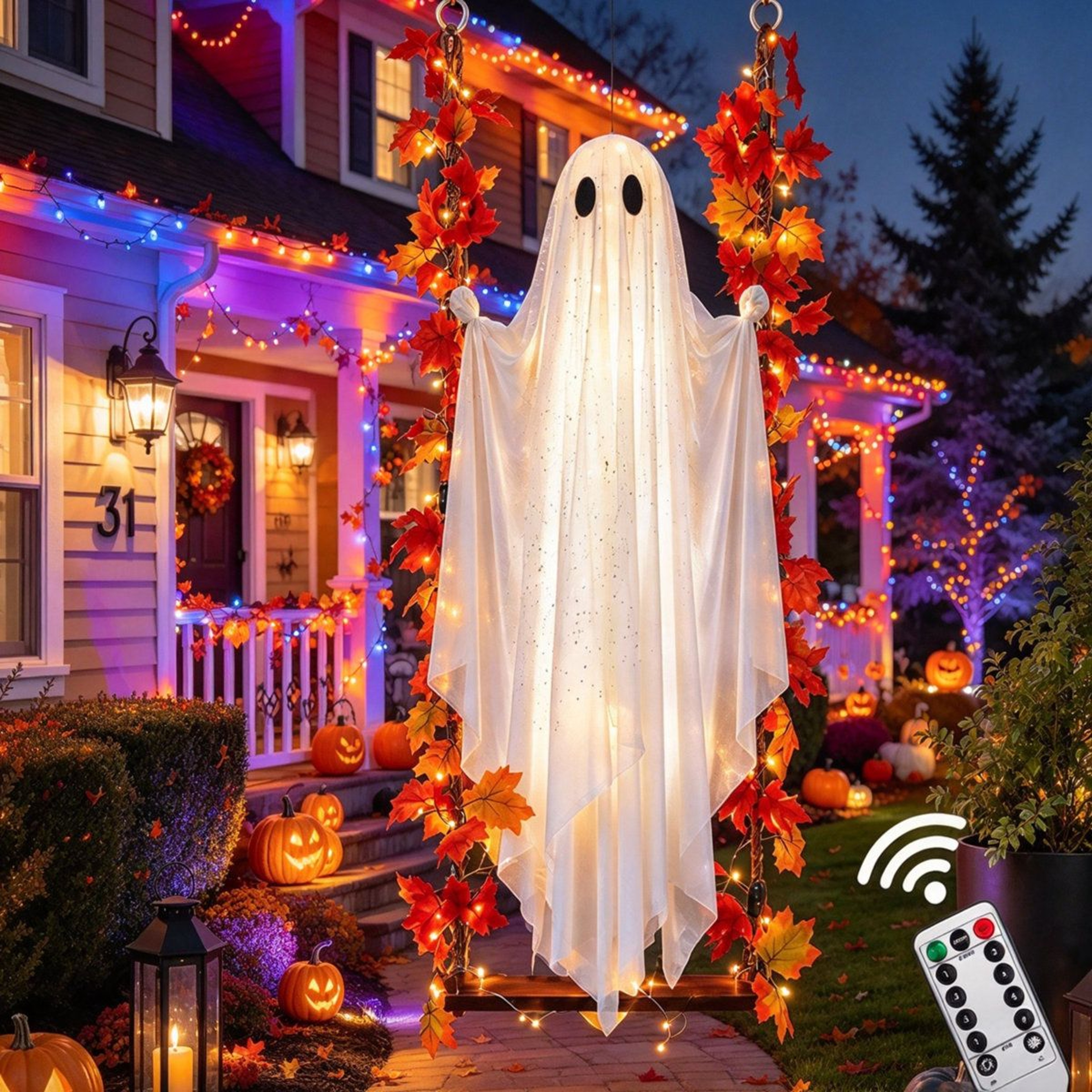 Lighted Swinging Ghost Halloween Decoration With String Lights For Outdoor Yard 5
