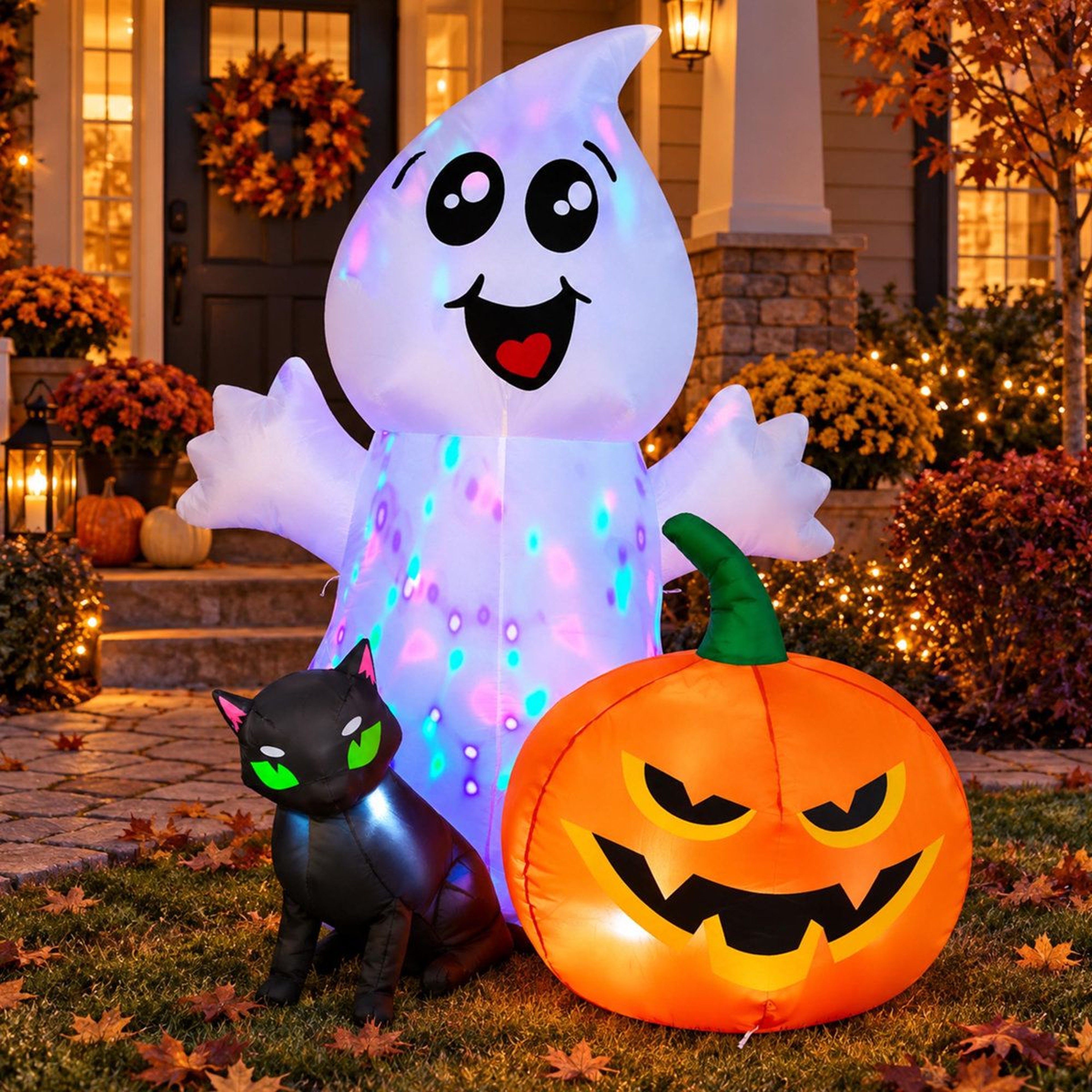 Halloween Inflatable Ghost With Black Cat And Pumpkin LED Lights 0