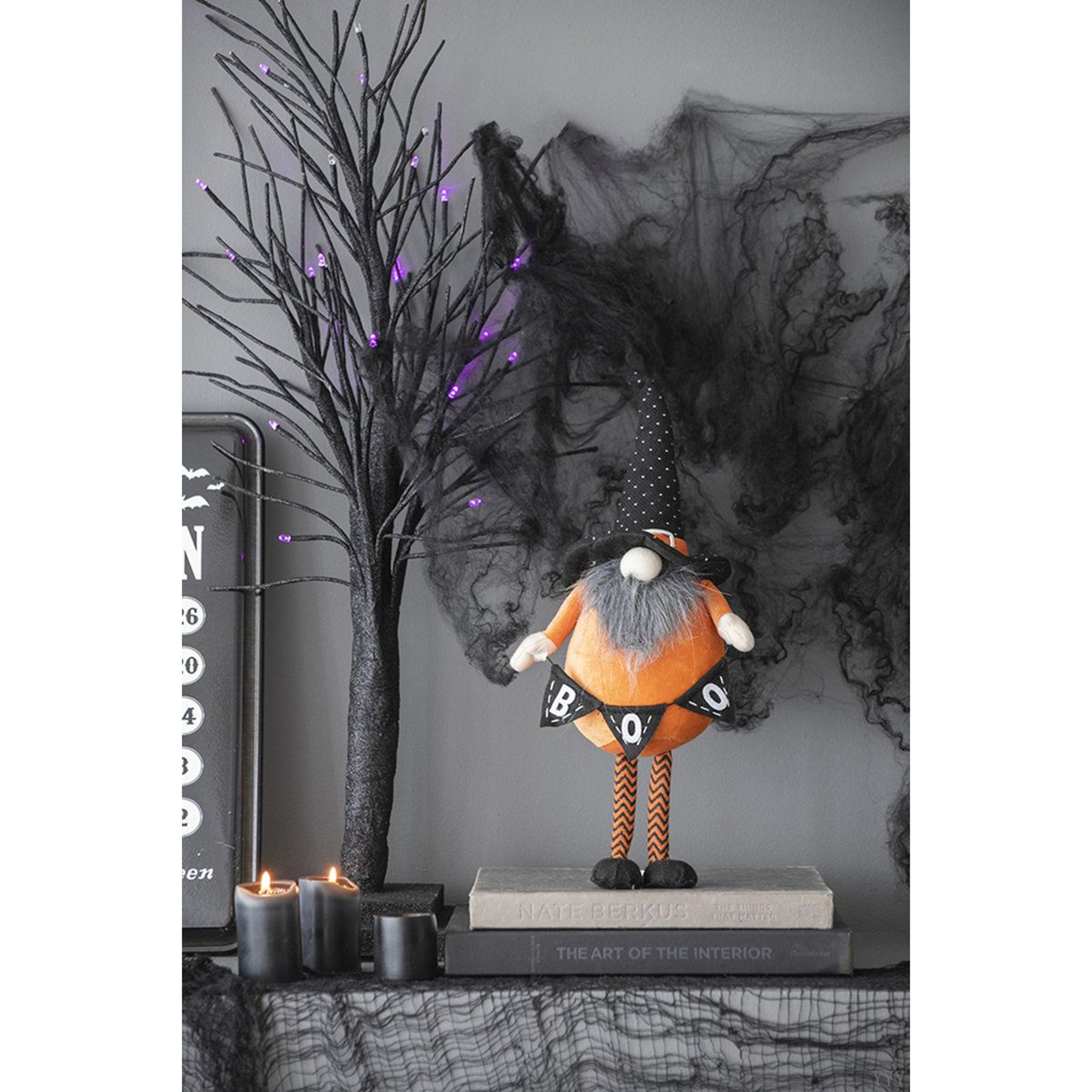 Standing Halloween Gnome Decoration With Banner Orange And Black Fabric 1