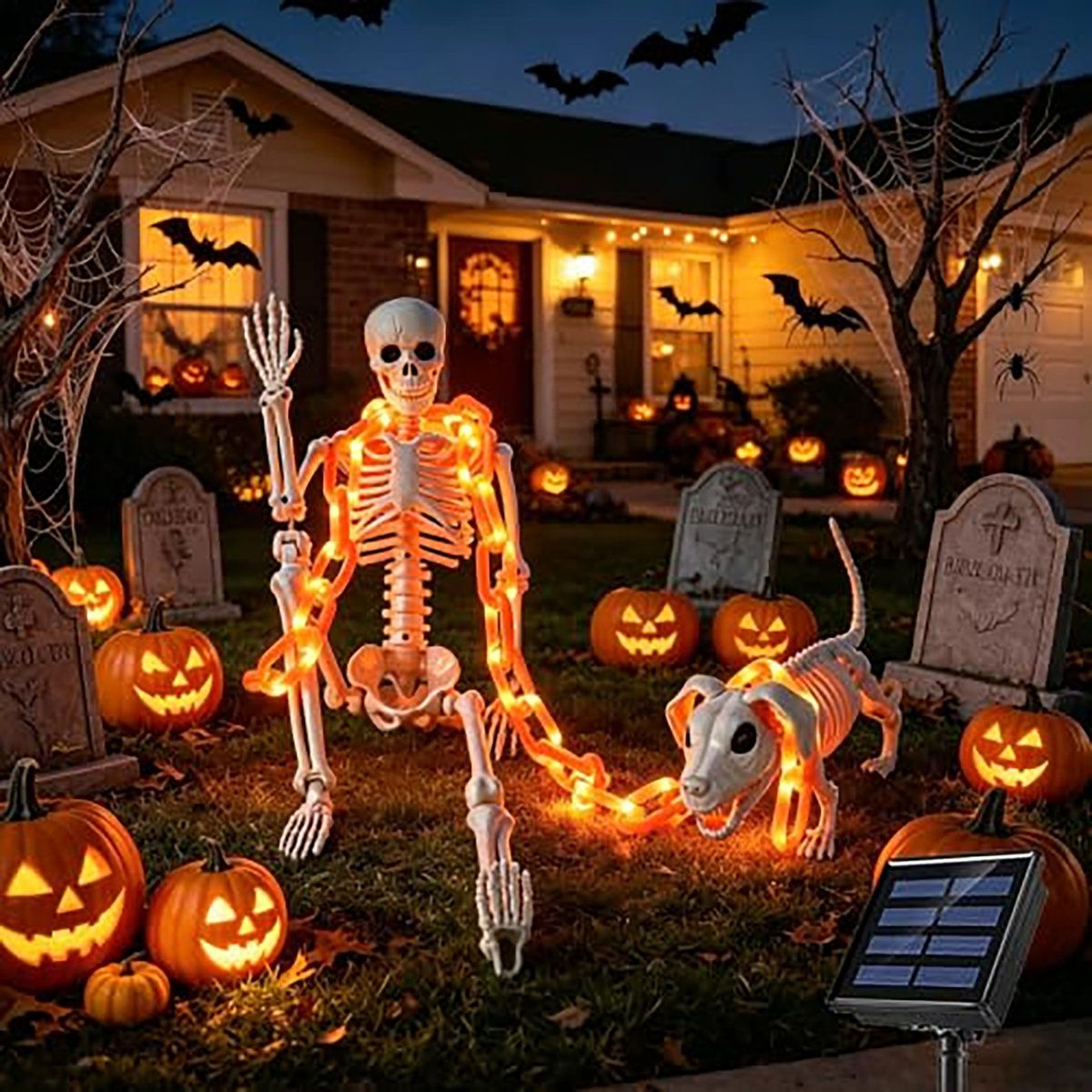 Halloween Skeleton And Dog Decoration With Solar Light Chain And Lighting Modes 3