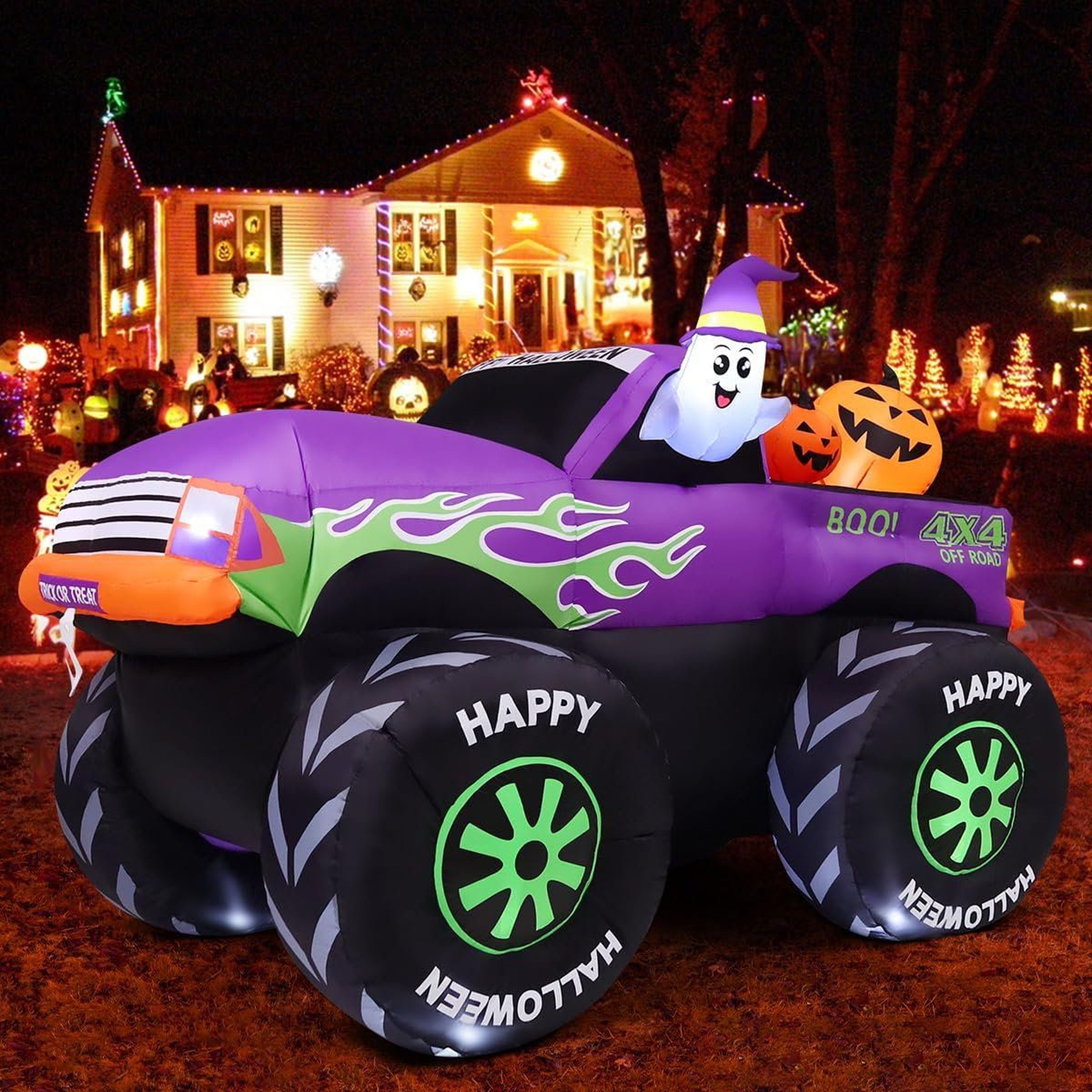 Halloween Inflatable Monster Truck With Ghost Pumpkin And LED Lights 2