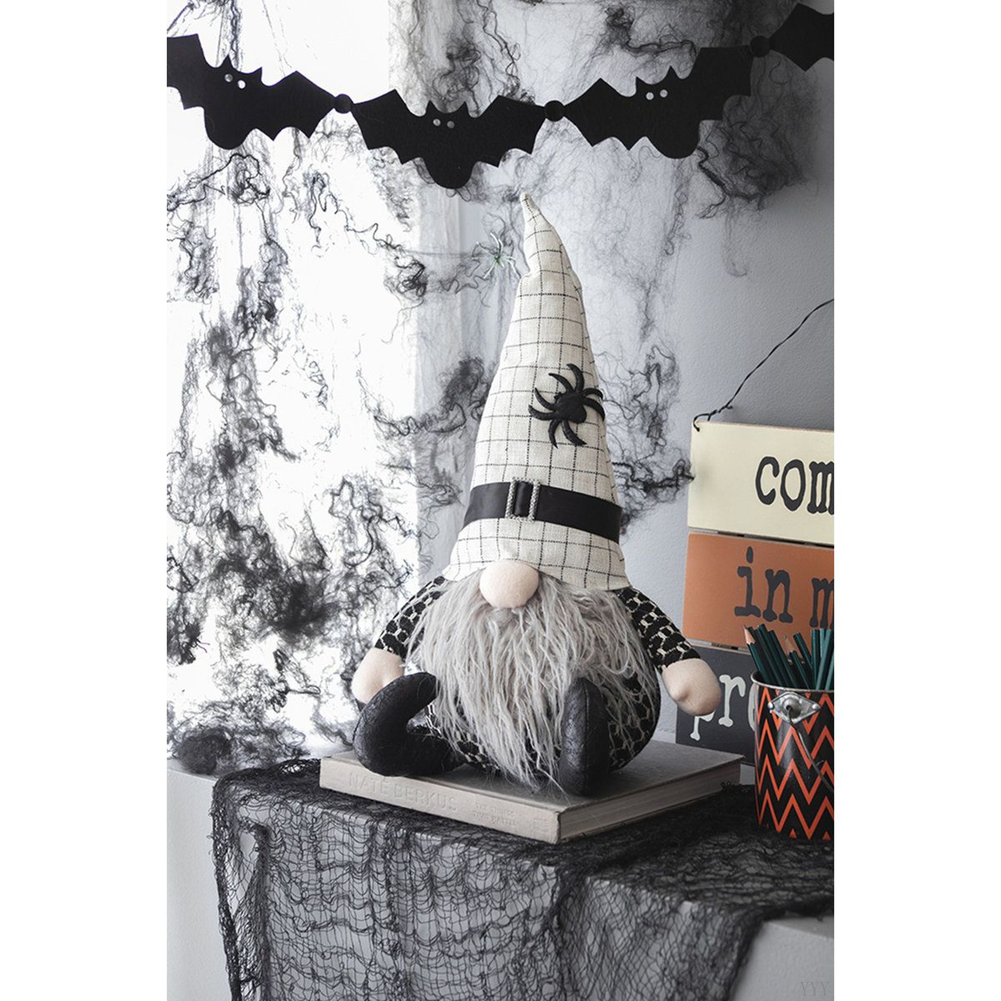 Halloween Sitting Gnome Decoration With White Hat And Spider Design 3