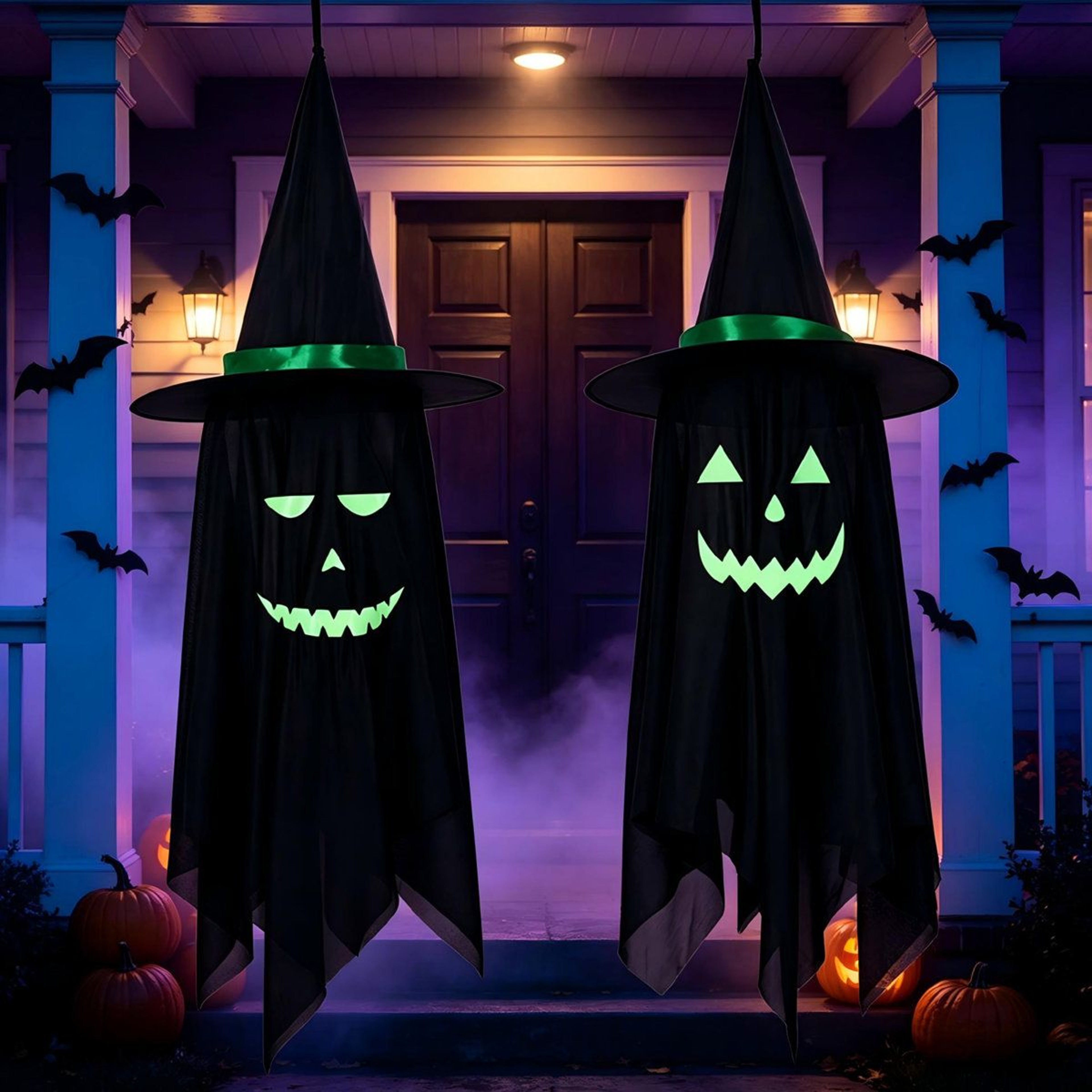 Halloween Hanging Ghost Decorations With Witch Hats And Glow In The Dark Face Stickers 1