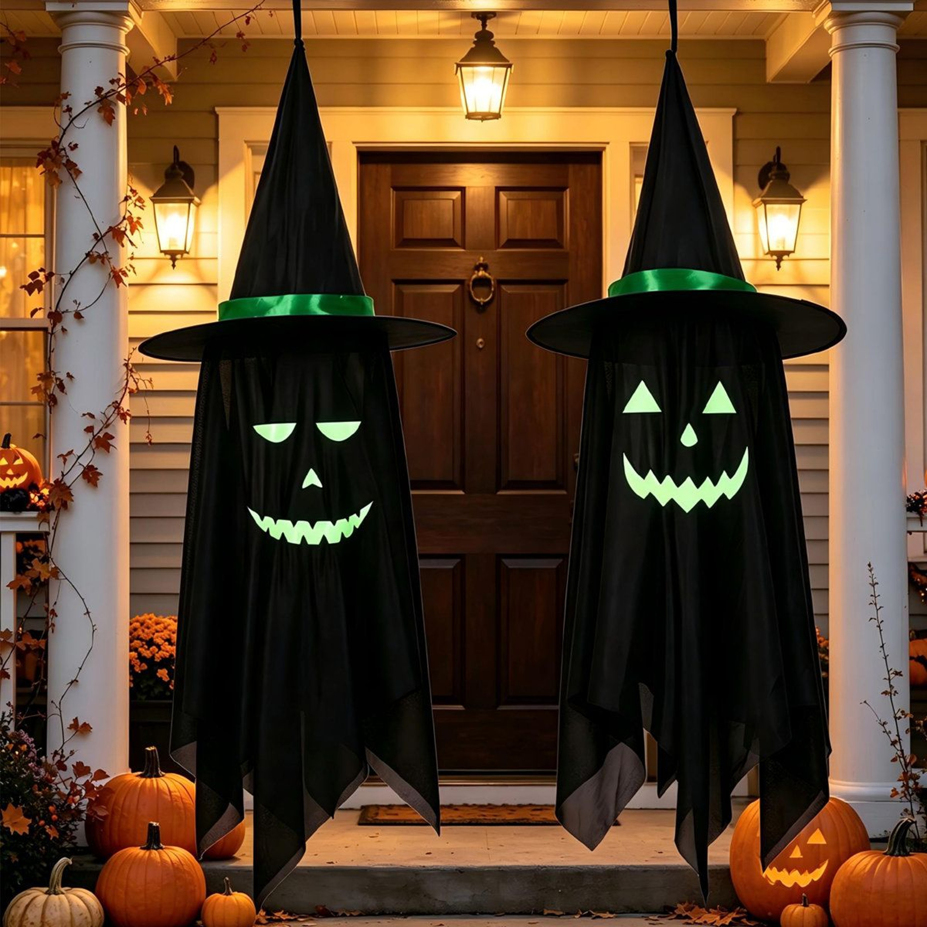 Halloween Hanging Ghost Decorations With Witch Hats And Glow In The Dark Face Stickers 4