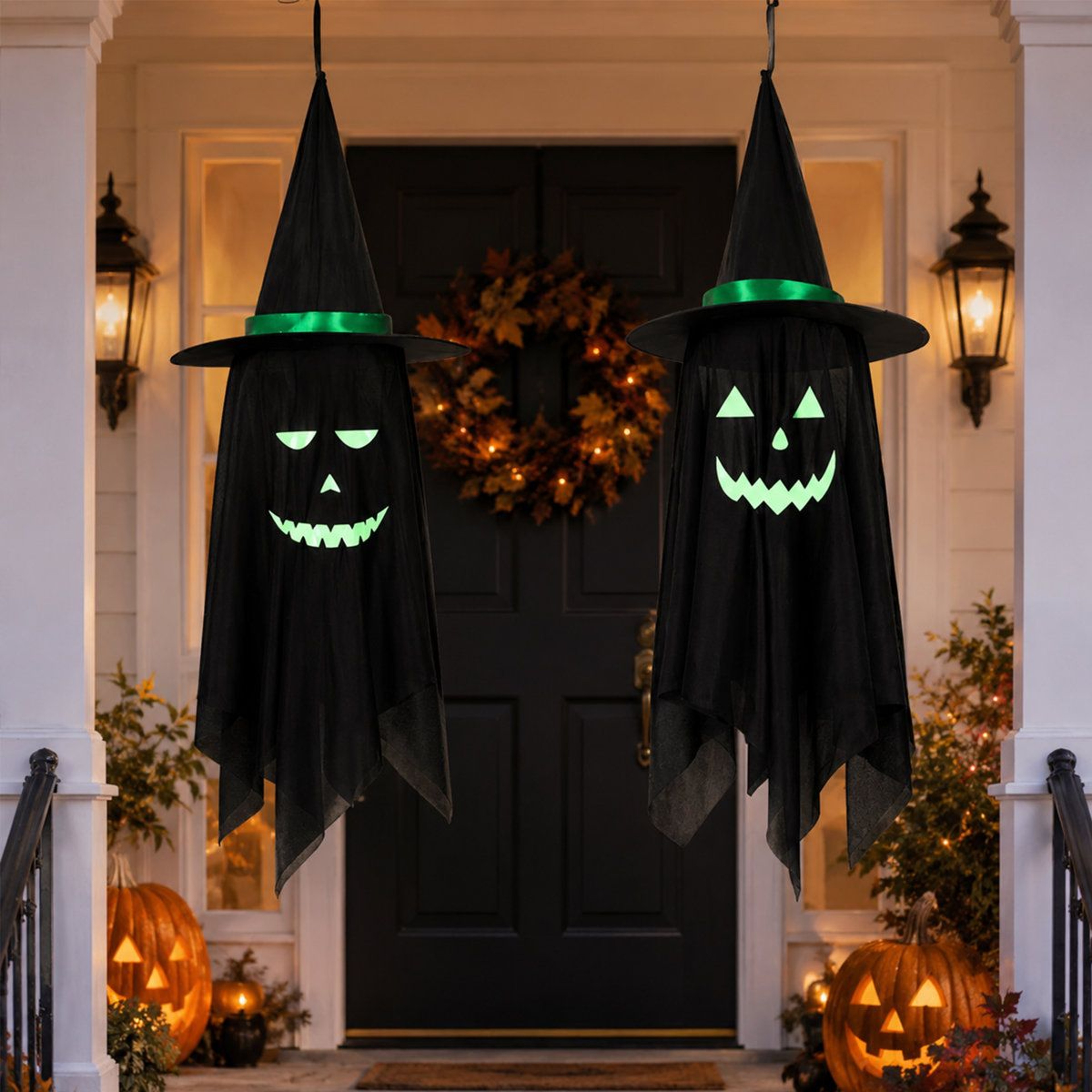 Halloween Hanging Ghost Decorations With Witch Hats And Glow In The Dark Face Stickers 0