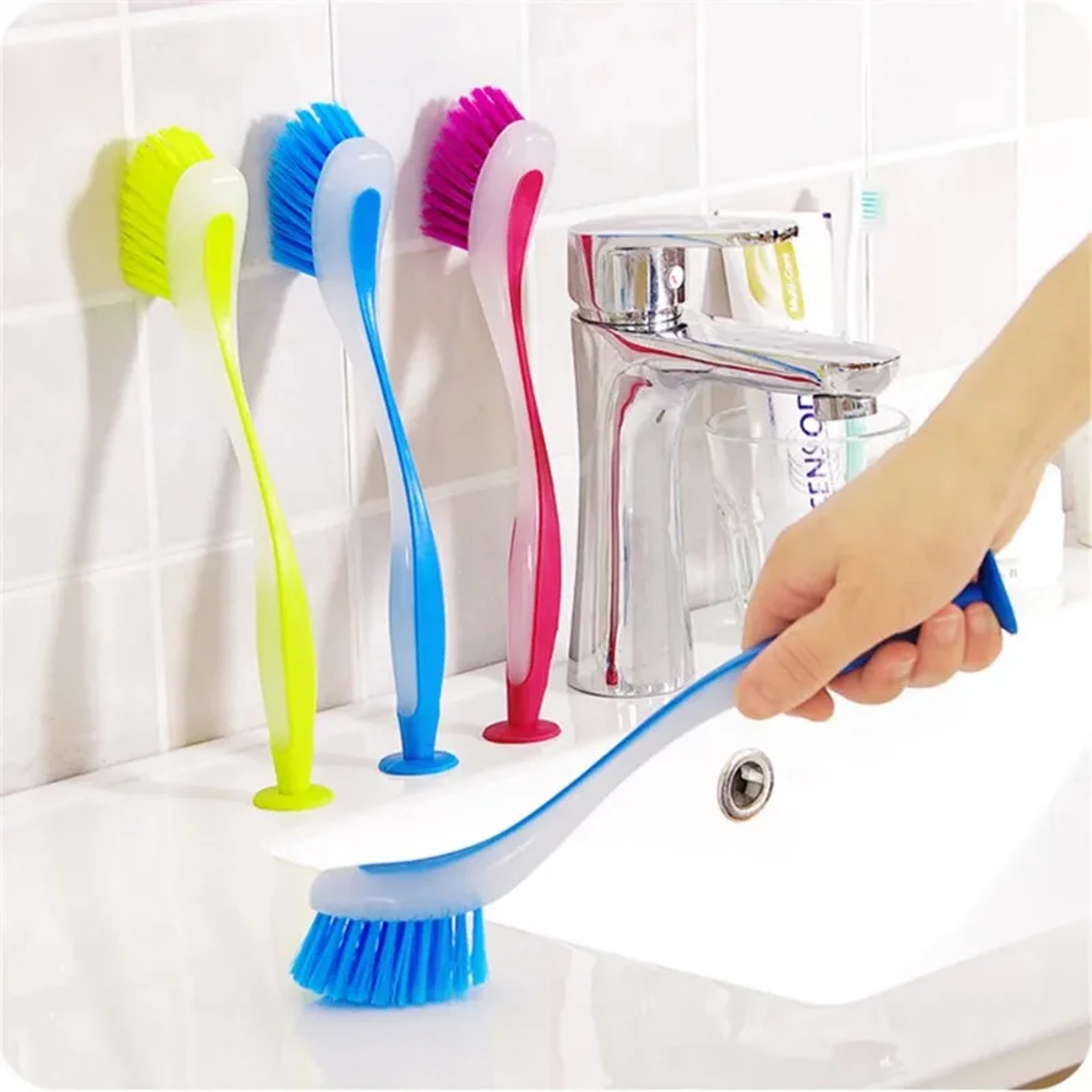 Vertical Pot Cleaning Brush with Suction Cup Base and Long Handle Kitchen Scrub Brush – view 1