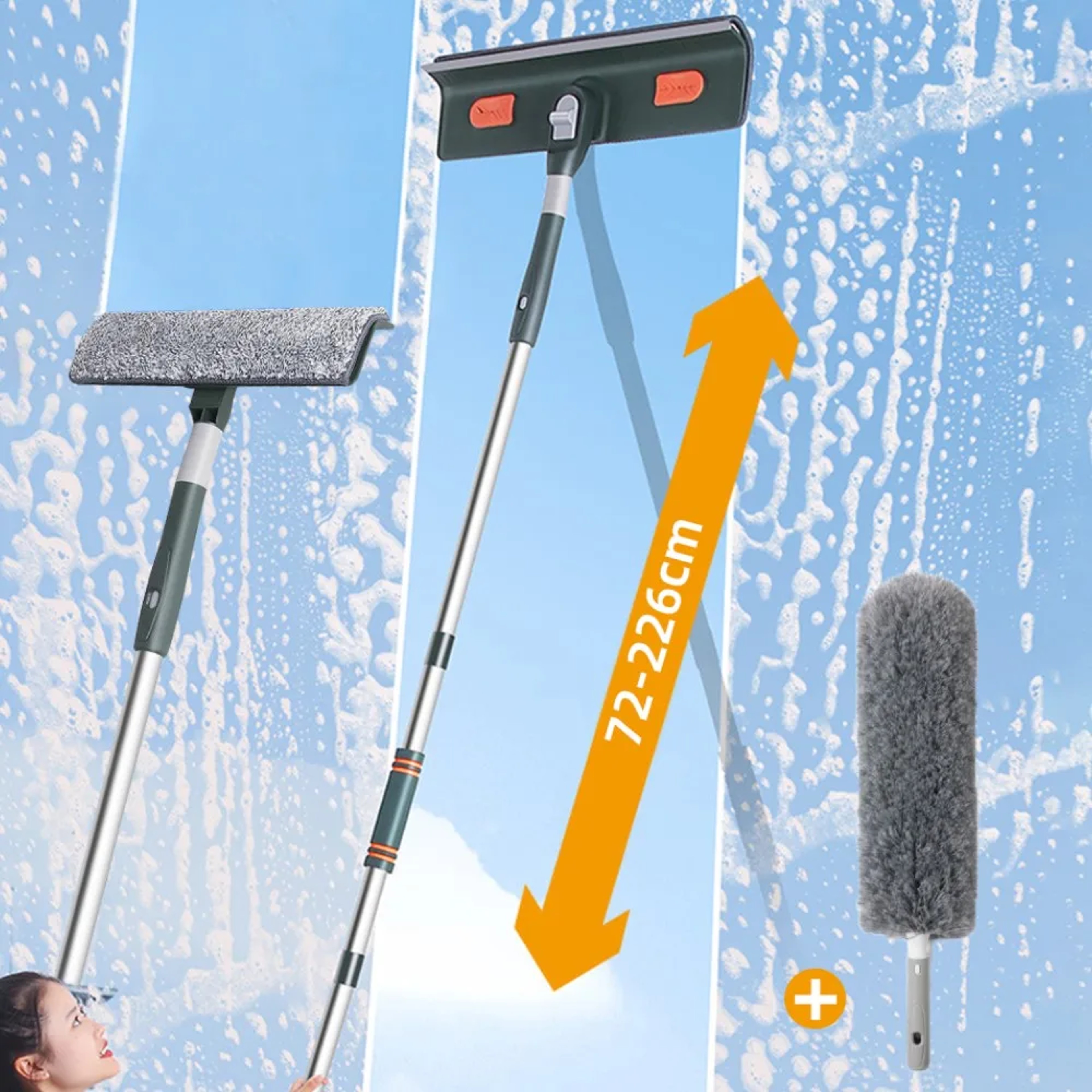 Extendable Telescopic Window Cleaning Tool with Silicone Squeegee & Glass Cleaning Brush – view 1
