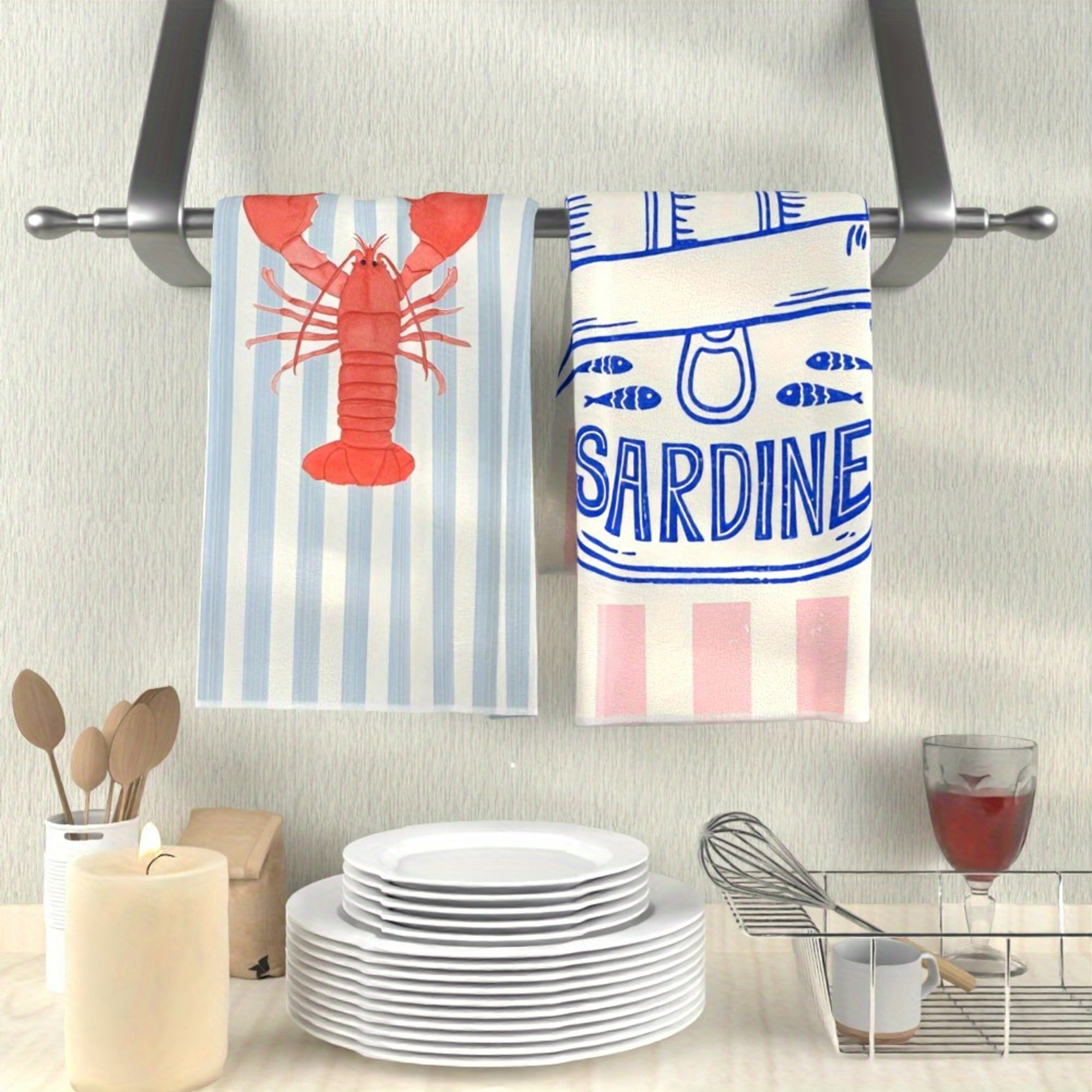 Retro Coastal Kitchen Towels Set of with Lobster & Sardine Print Soft Tea Towels for Kitchen Decor – view 2