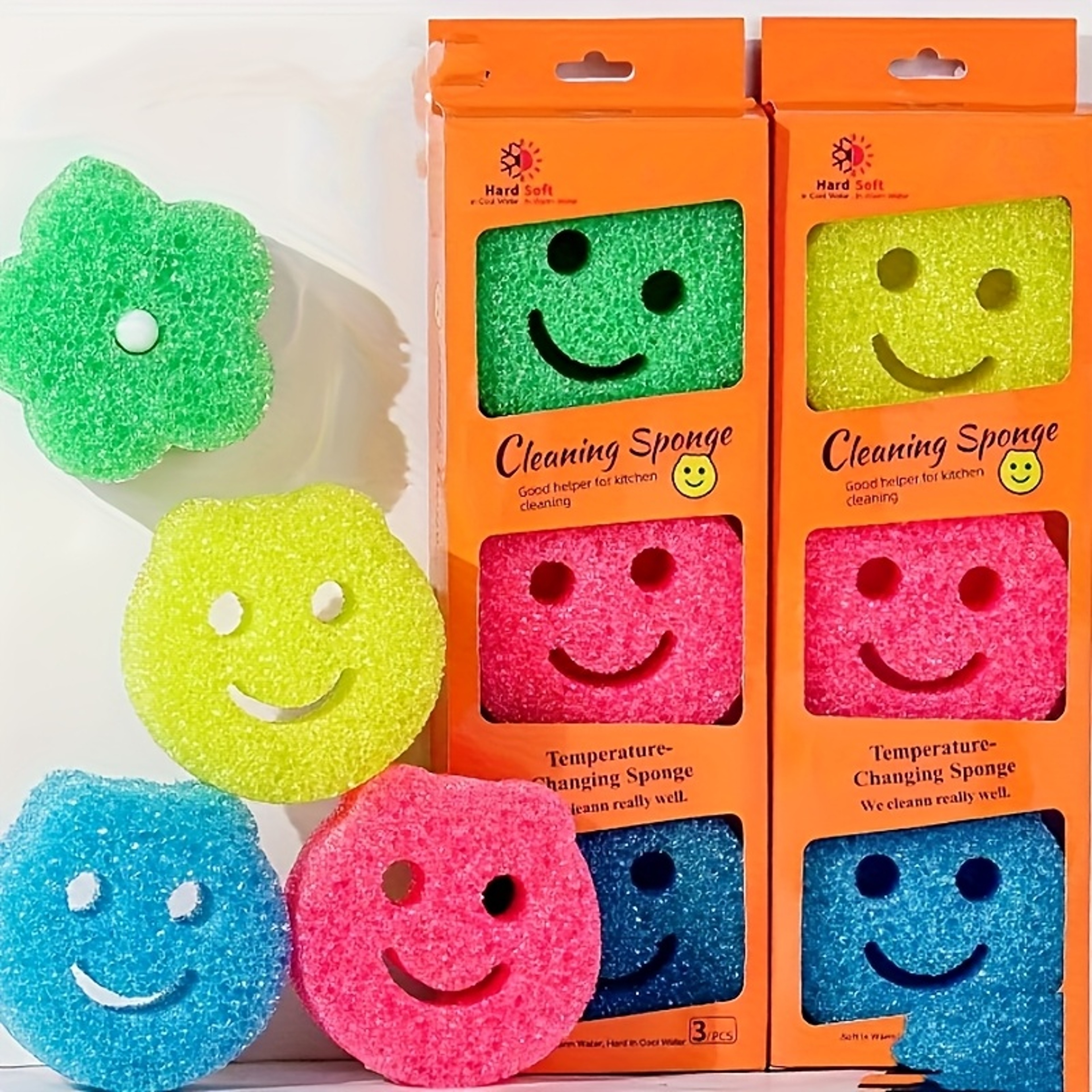 ColorShift Smiley Kitchen Sponge Set Temperature Changing Dishwashing Sponge Scrubbers – view 1