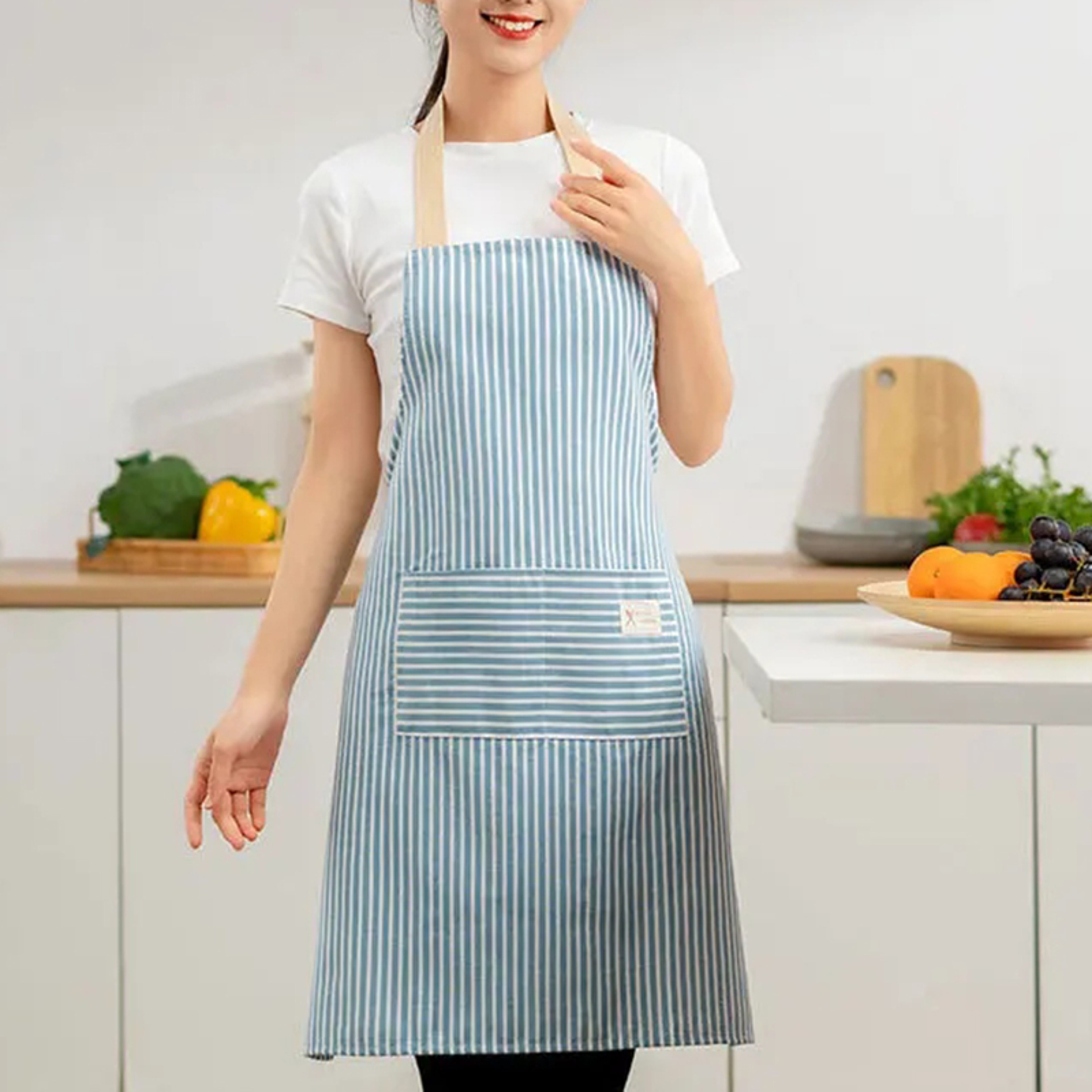 Japanese Style Linen Apron Adjustable Striped Kitchen Apron for Cooking, Baking & Gardening – view 1