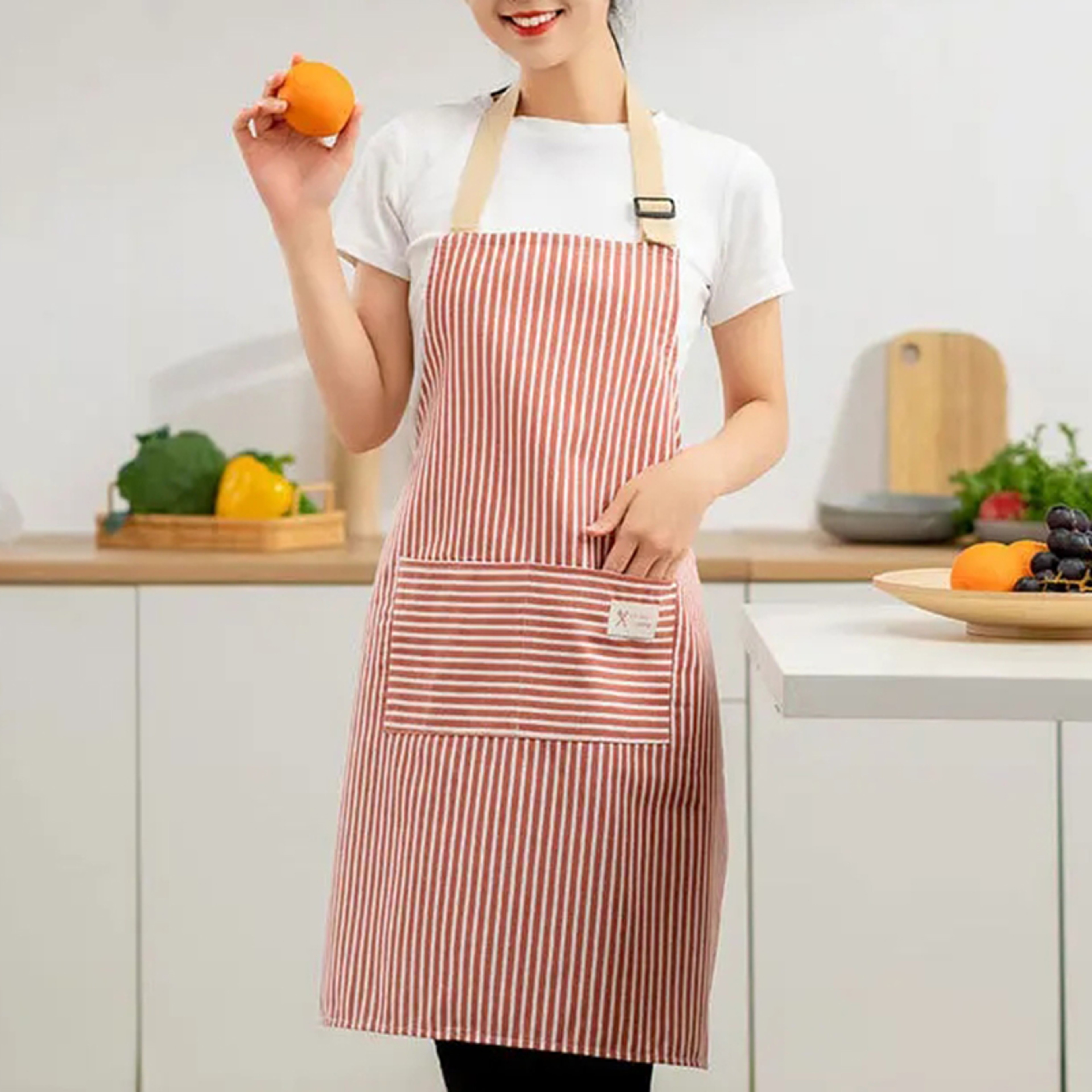 Japanese Style Linen Apron Adjustable Striped Kitchen Apron for Cooking, Baking & Gardening – view 3
