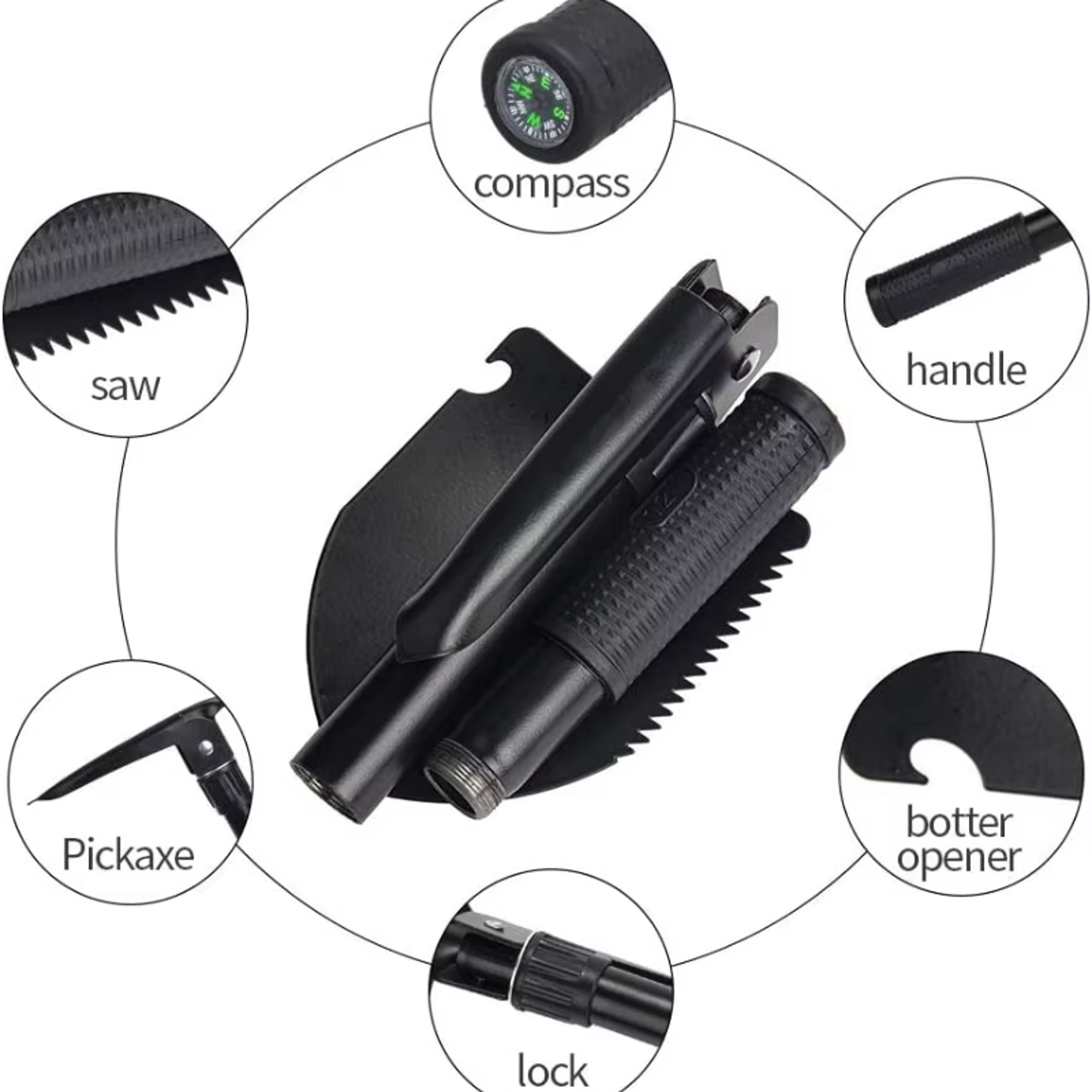 Foldable Camping Shovel With Compass Multi Function Survival Shovel For Hiking Off Road  Emergency  5