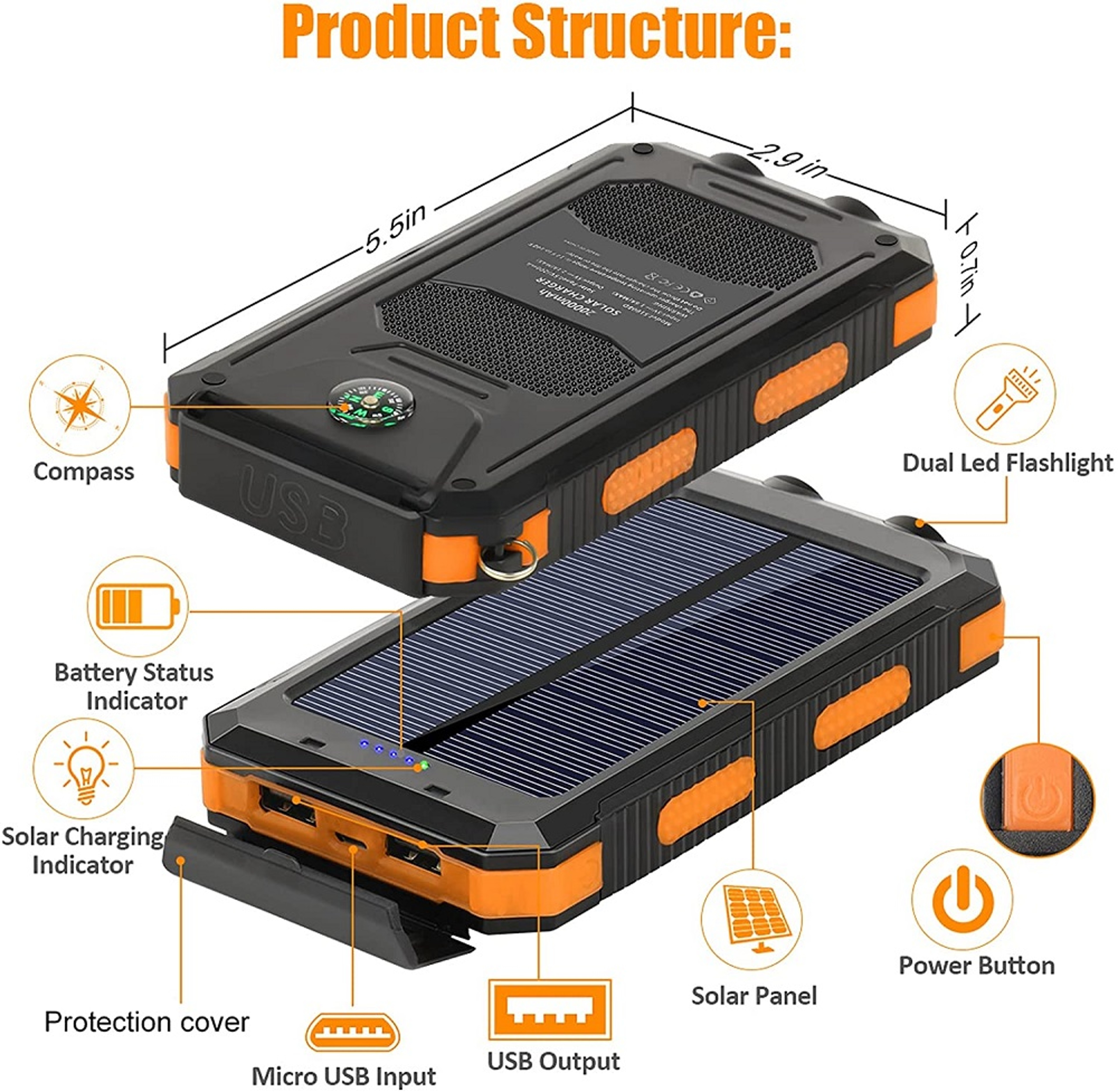 Solar Power Bank Portable Solar Charger With LED Flashlight For Smartphones And Outdoor Travel 5