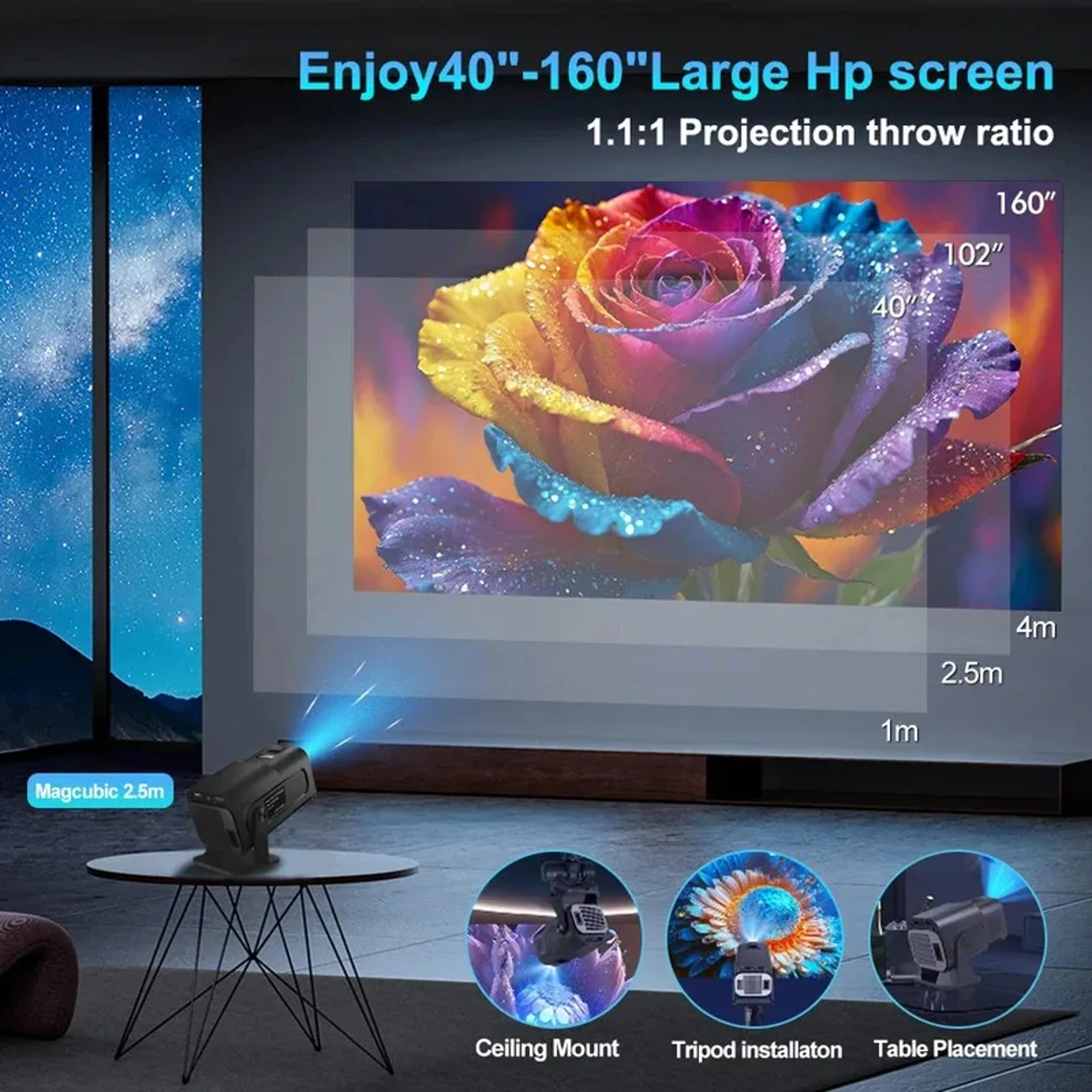 Smart 4K Portable Projector With Android 11 Native 1080P WiFi6 Bluetooth Mini Home Theater 4