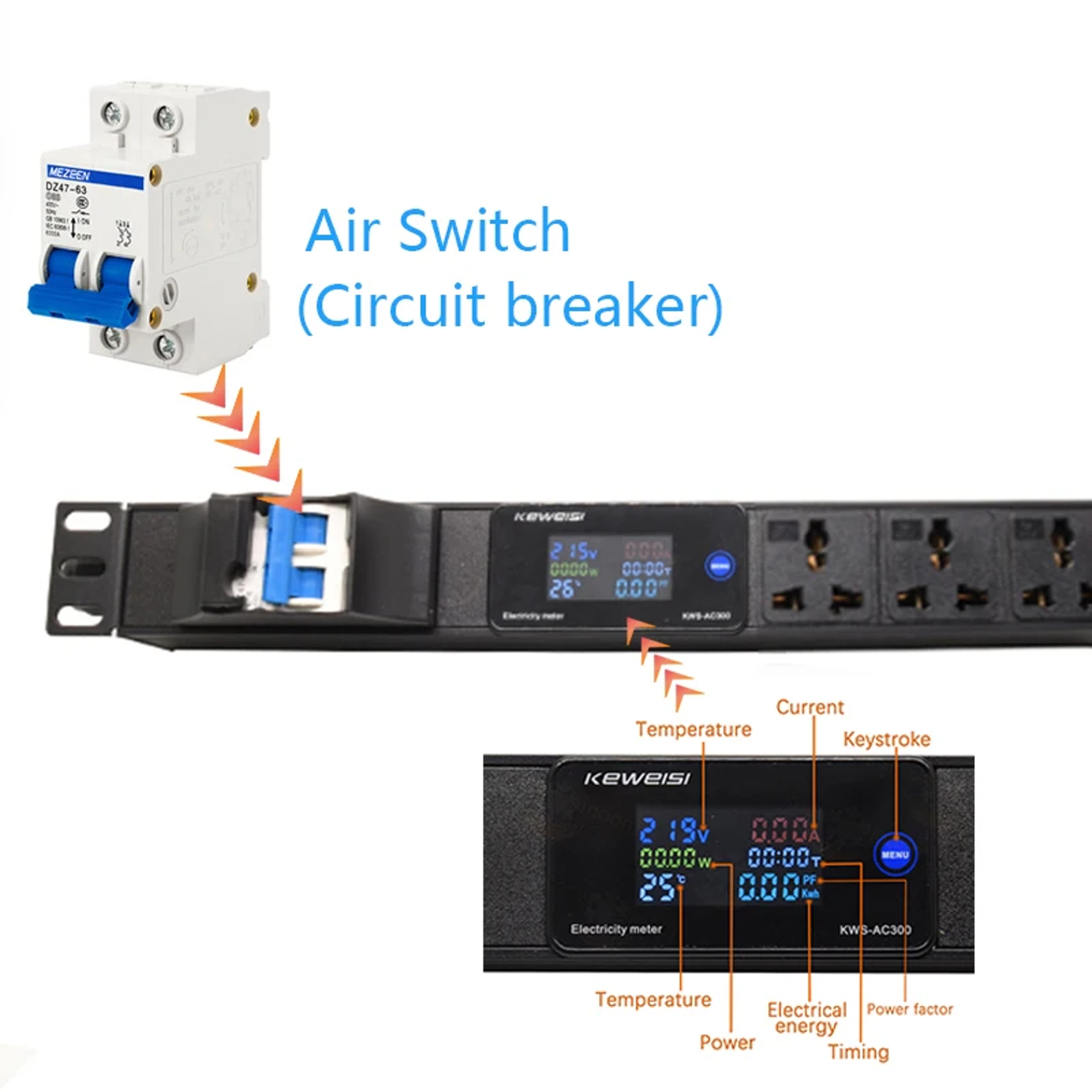 Cabinet Rack Power Strip With Digital Voltmeter  Ammeter Universal Outlet Surge Protection And Ener