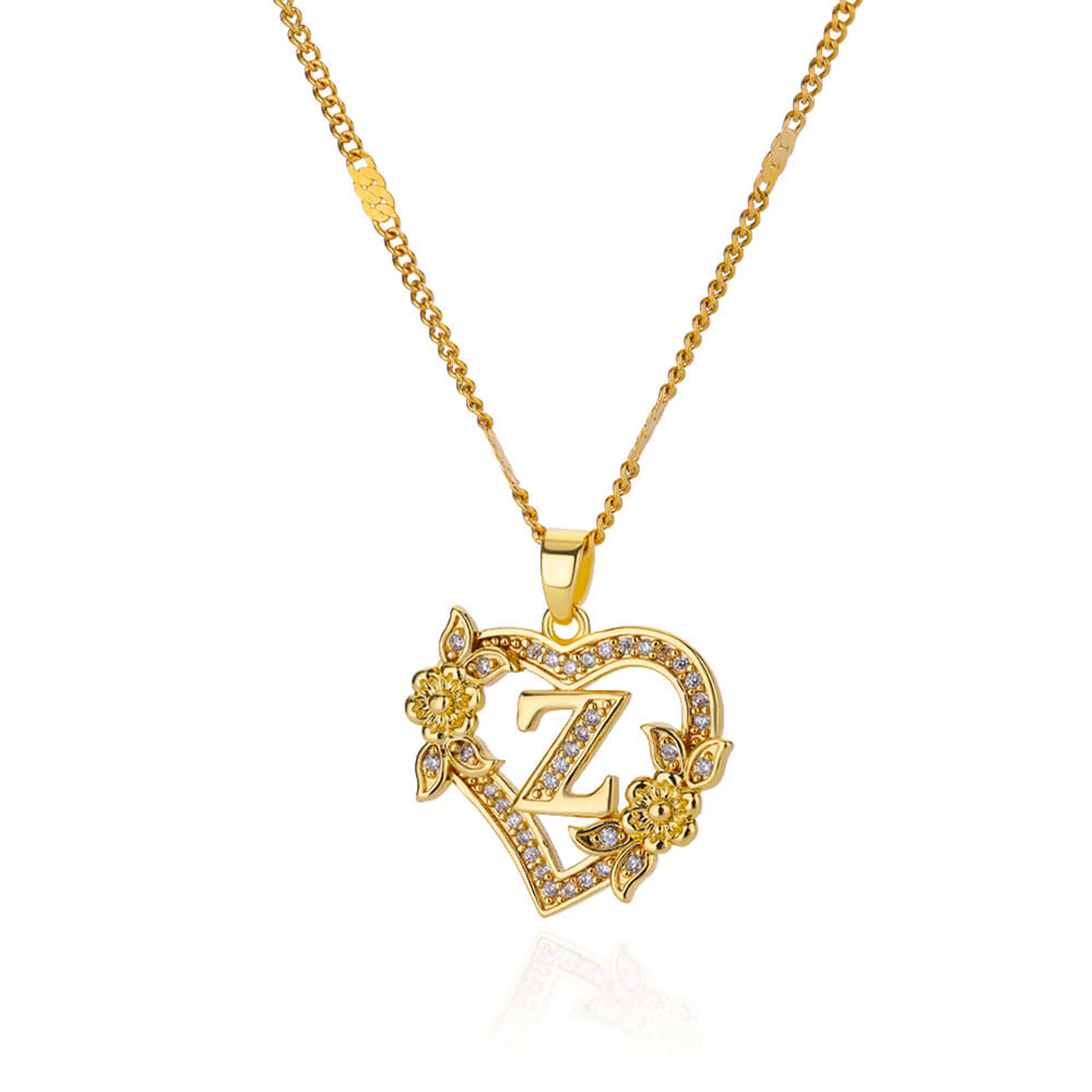 Initial Heart Pendant With Zircon Flower Stainless Steel Design For Women 23