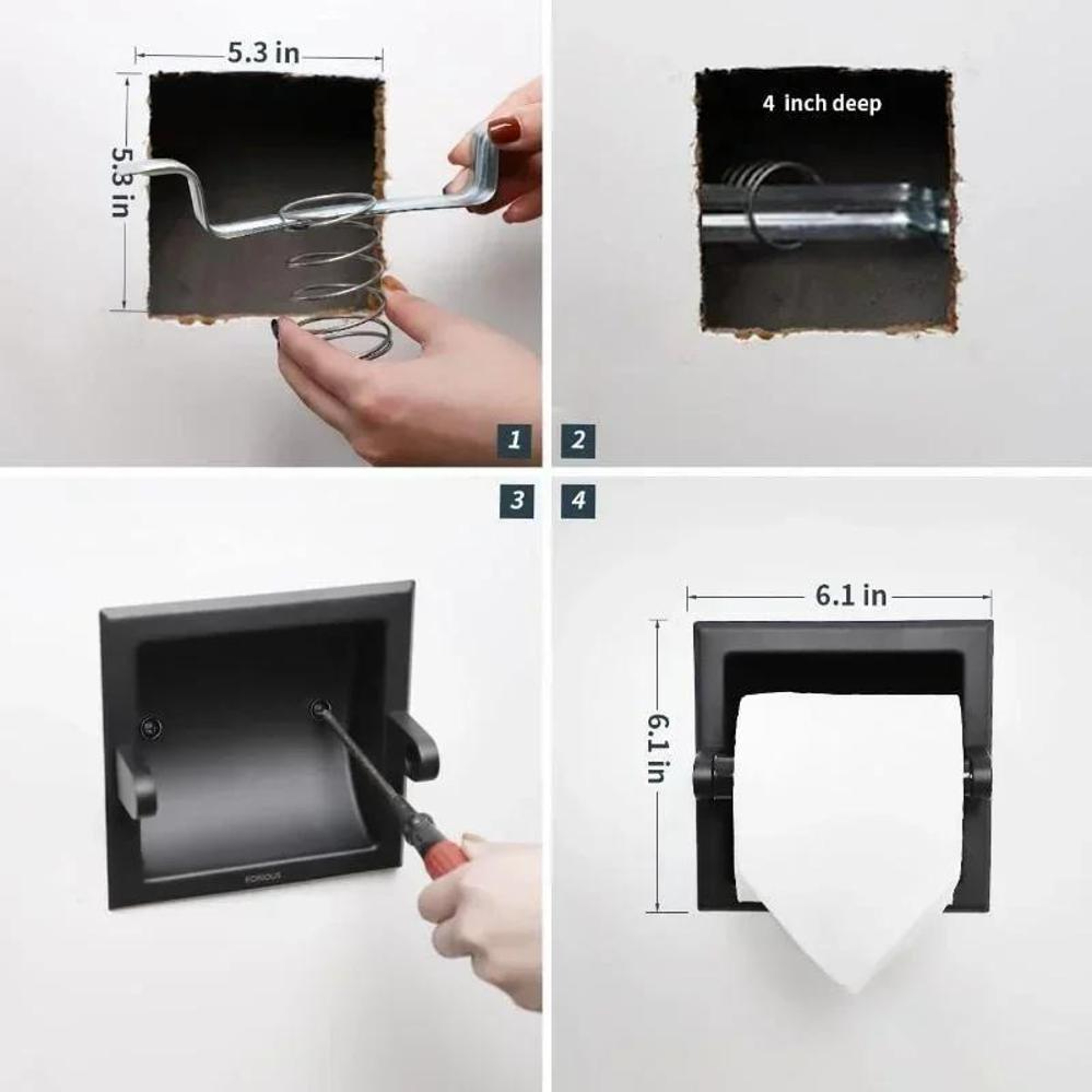Premium Matte Black Recessed Toilet Paper Holder Wall Mounted Metal Bathroom Roll Dispenser 2