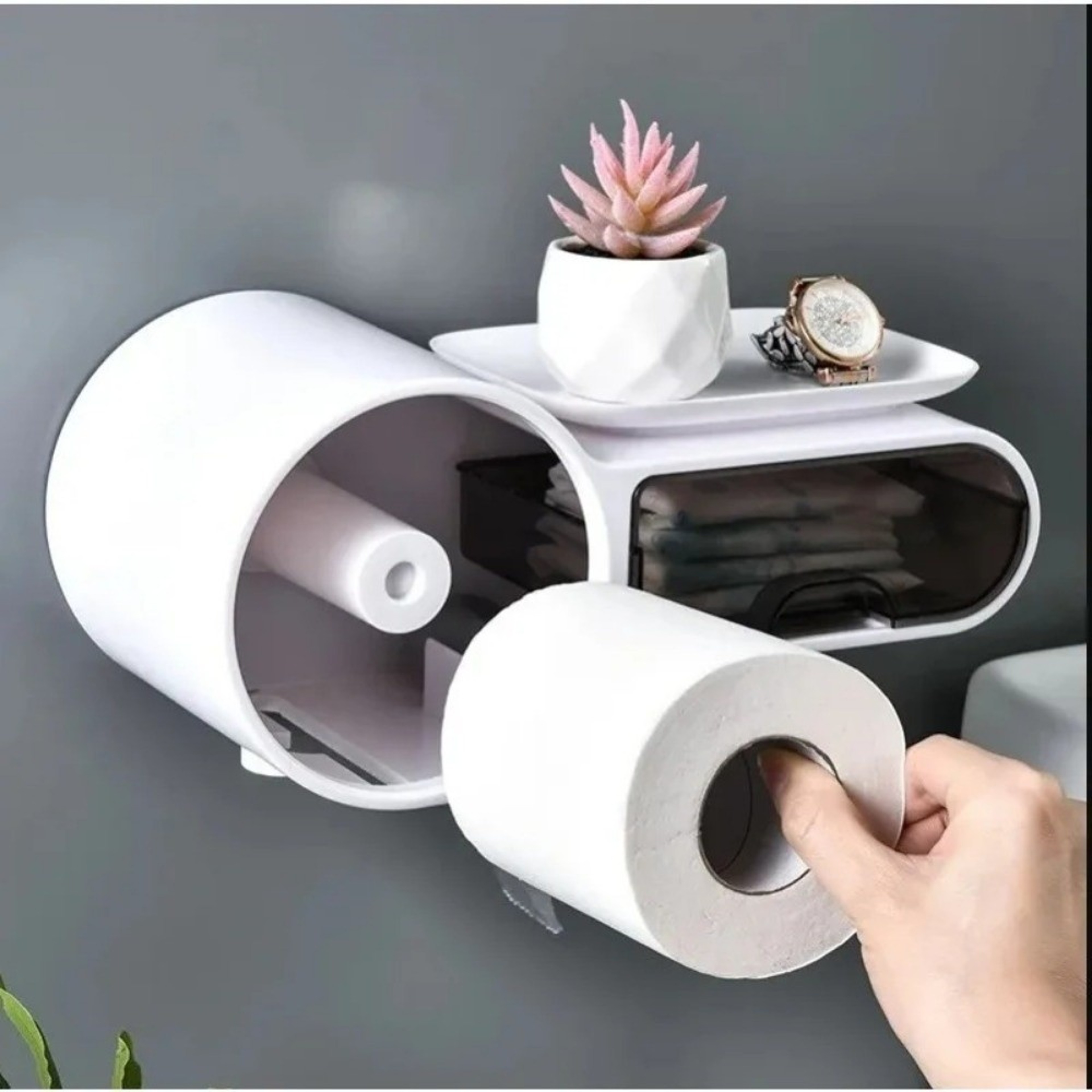 Waterproof Wall Mount Toilet Paper Holder With Storage Shelf  Phone Stand 3