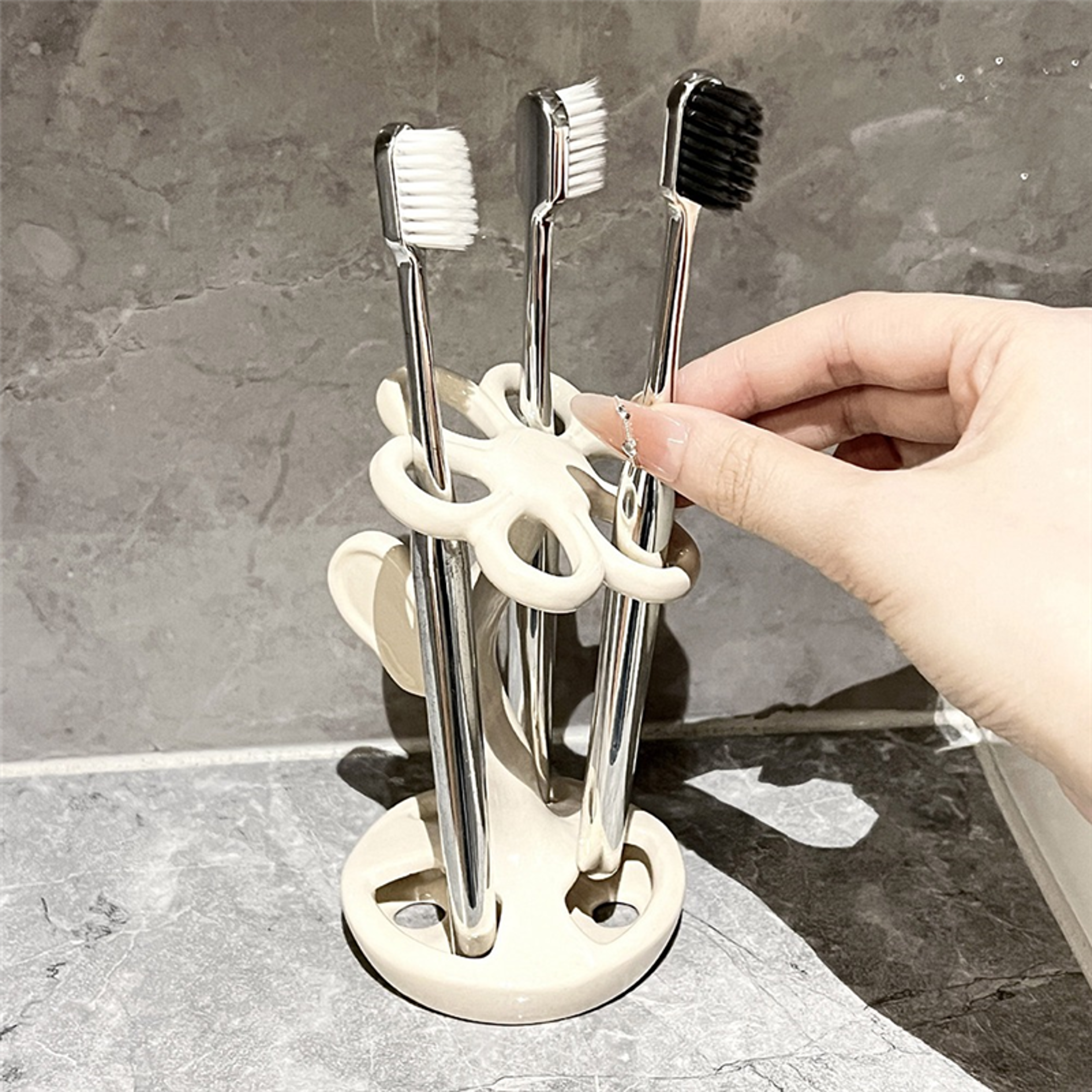 BloomPetal Ceramic Toothbrush Holder  Makeup Brush Organizer With 6 Slots 0