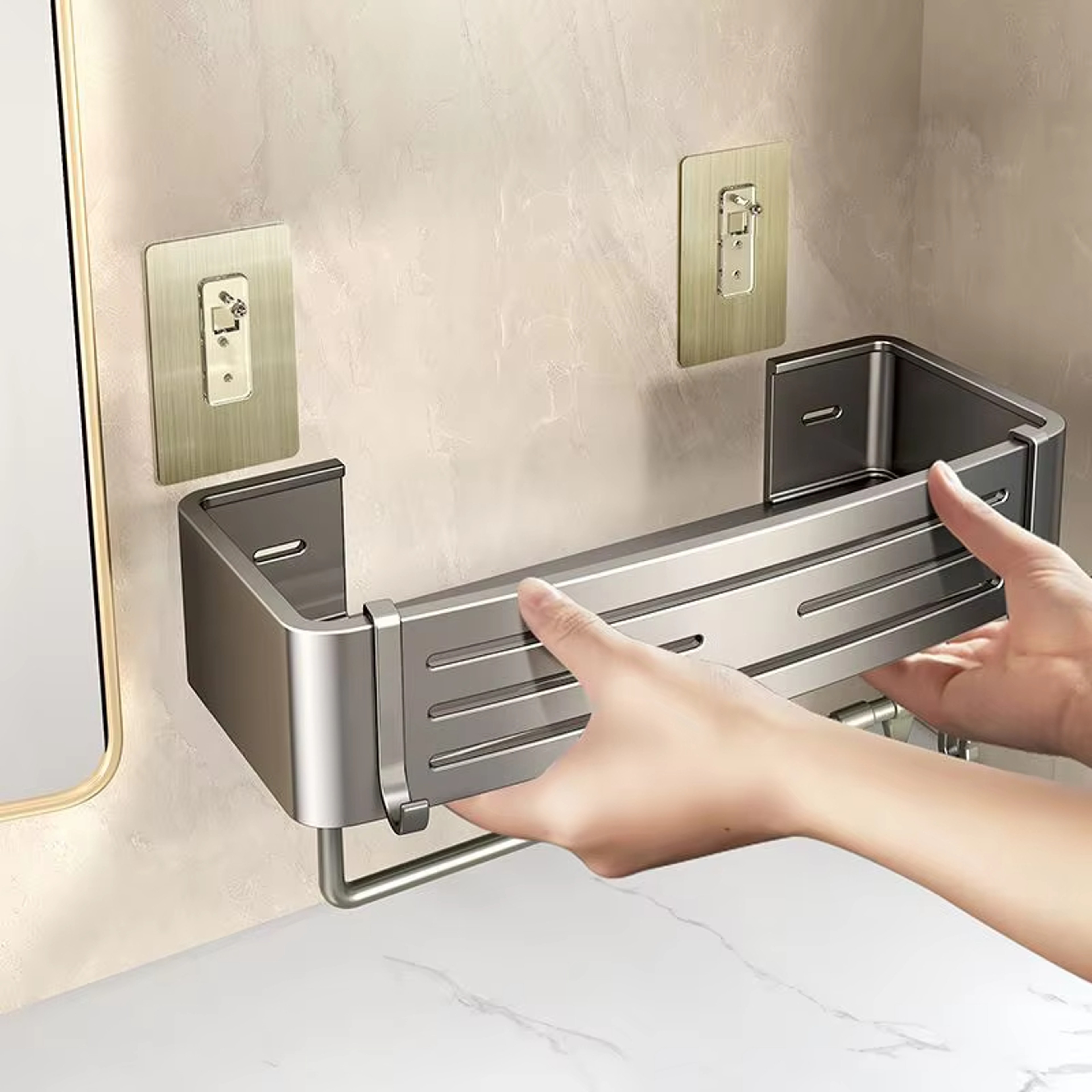 AquaSpace No Drill Shower Shelf Corner Caddy With Towel Bar  Aluminum Storage Rack 2