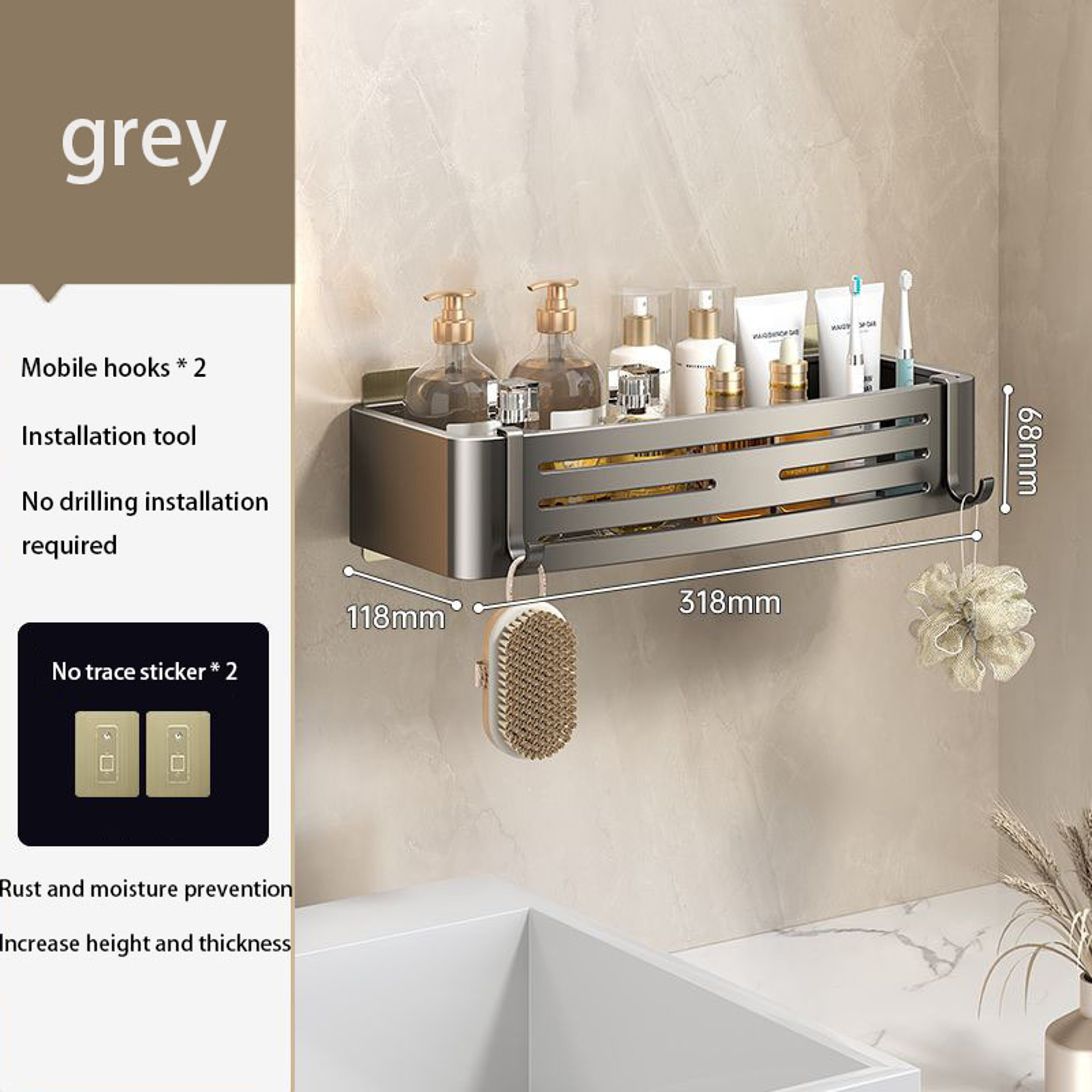 AquaSpace No Drill Shower Shelf Corner Caddy With Towel Bar  Aluminum Storage Rack 5