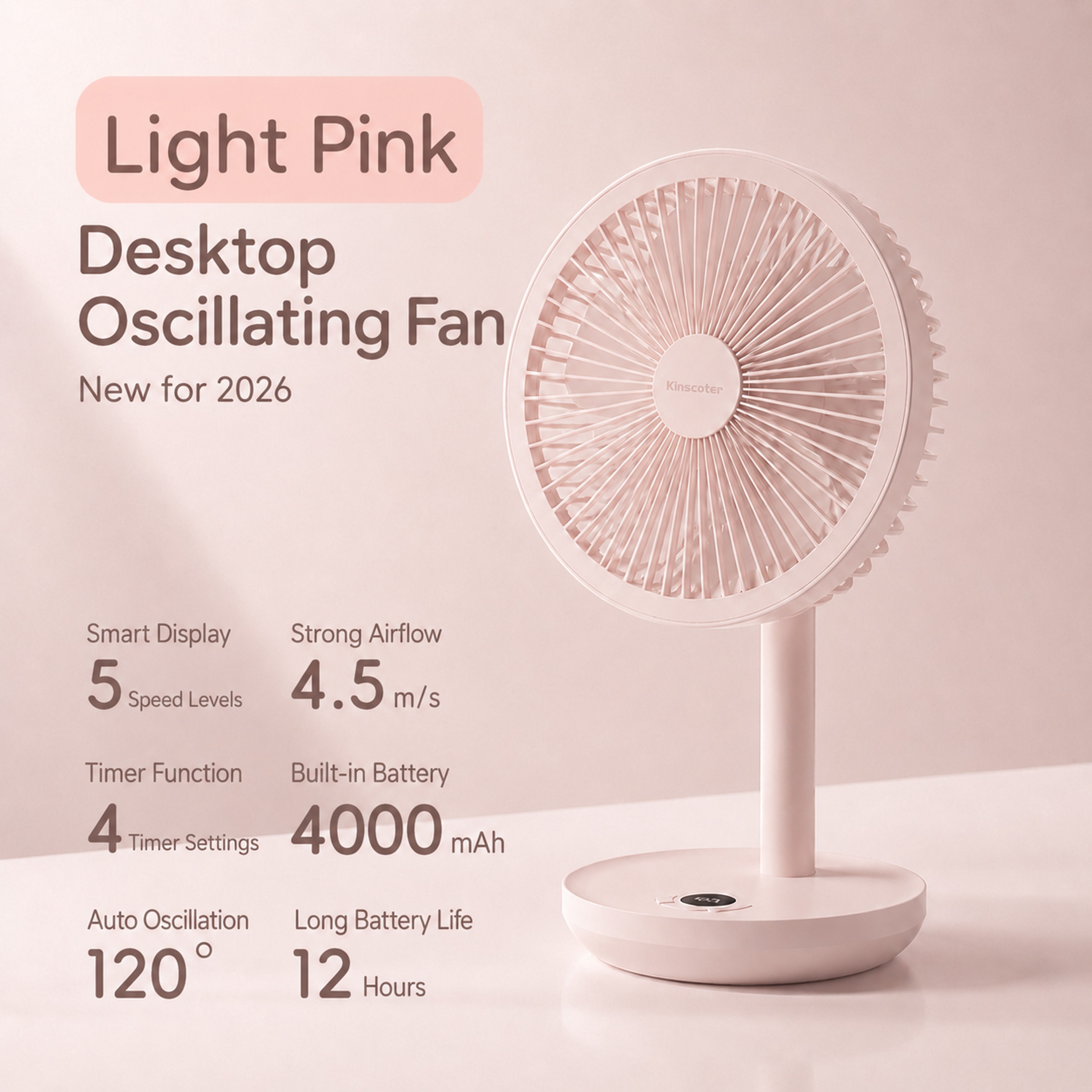 Smart Rechargeable Oscillating Desk Fan With 5 Speeds Silent USB Portable Cooling 5