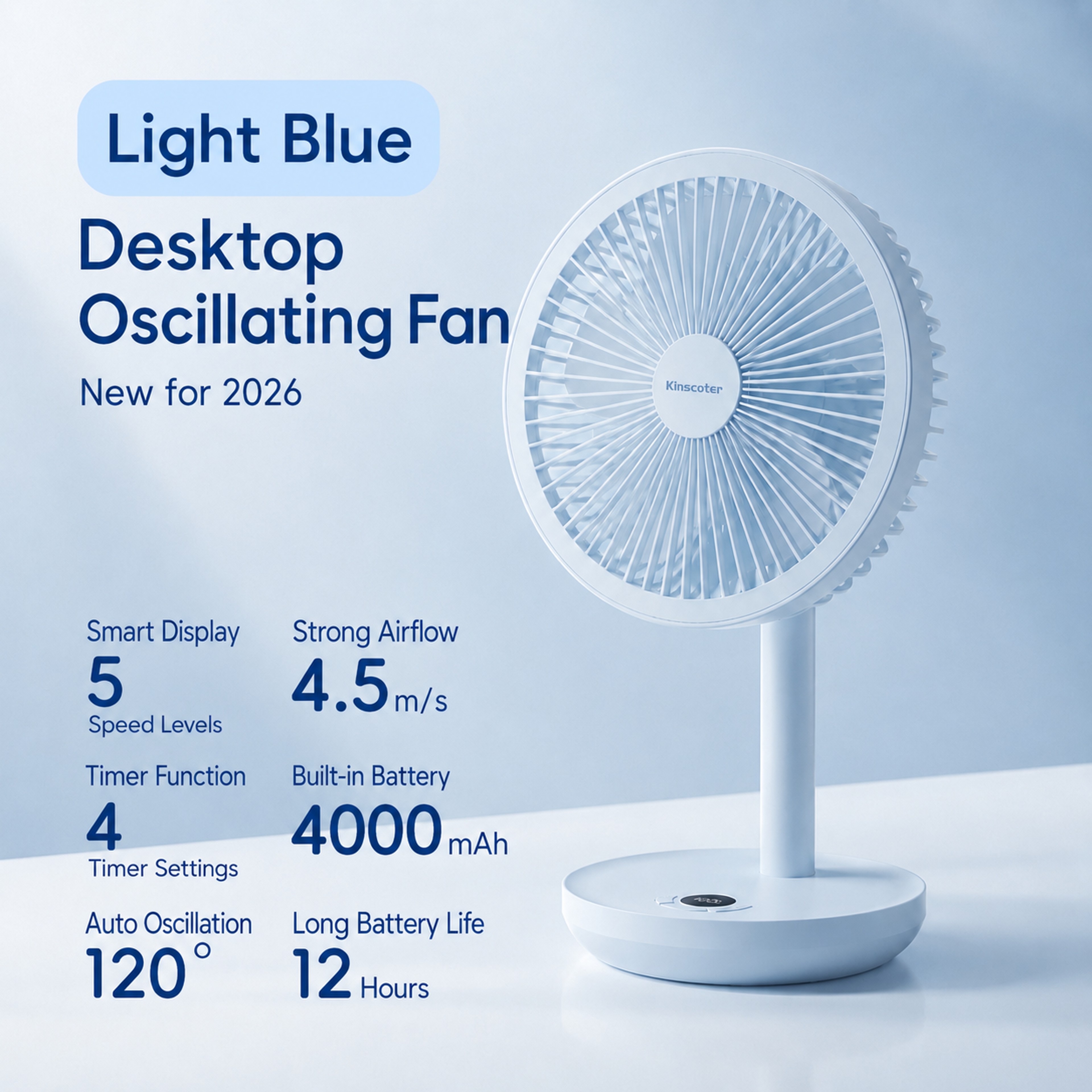 Smart Rechargeable Oscillating Desk Fan With 5 Speeds Silent USB Portable Cooling 7