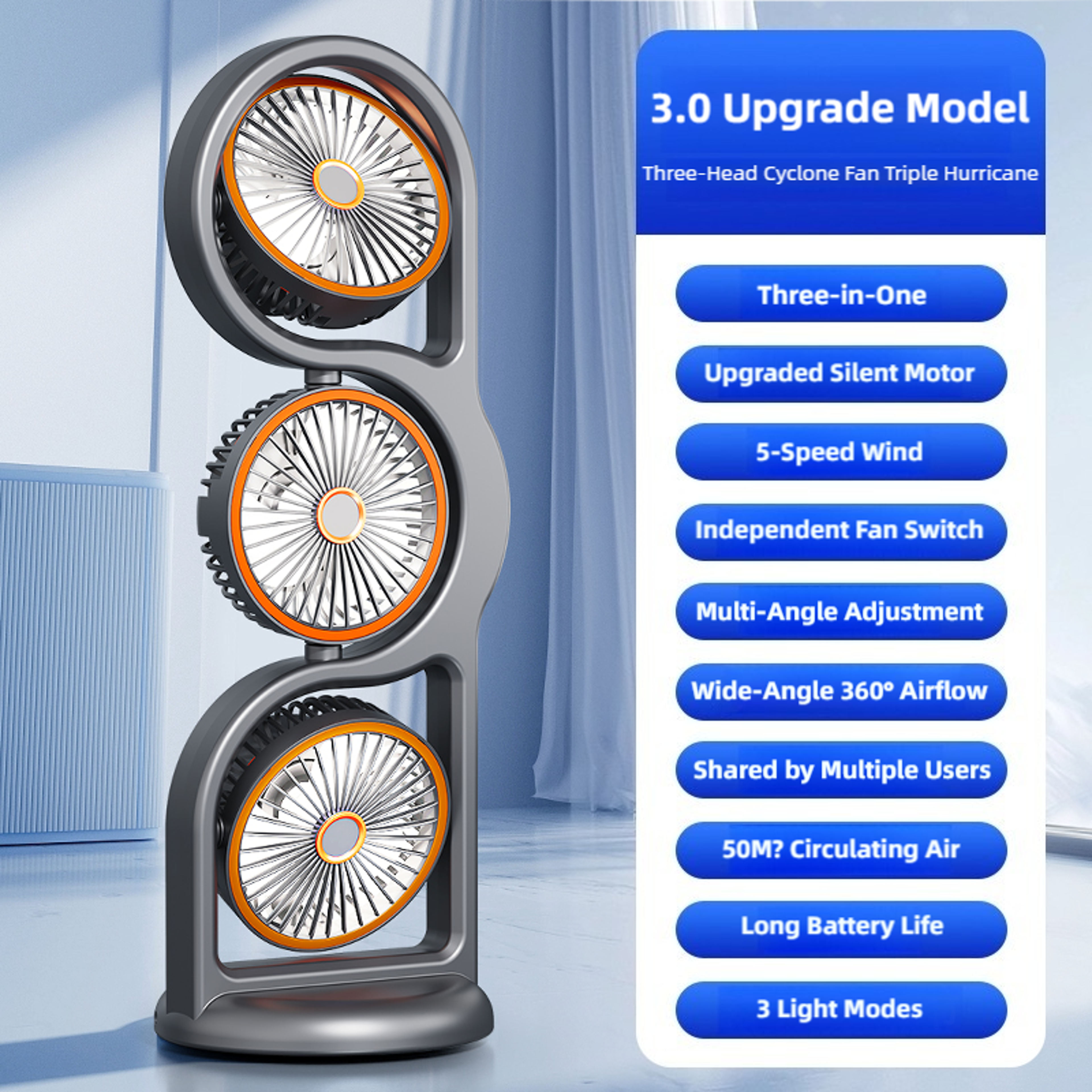 Portable USB Fan With Triple Head 360 Airflow Rechargeable 5 Speed Desk  Outdoor Cooling Fan 7