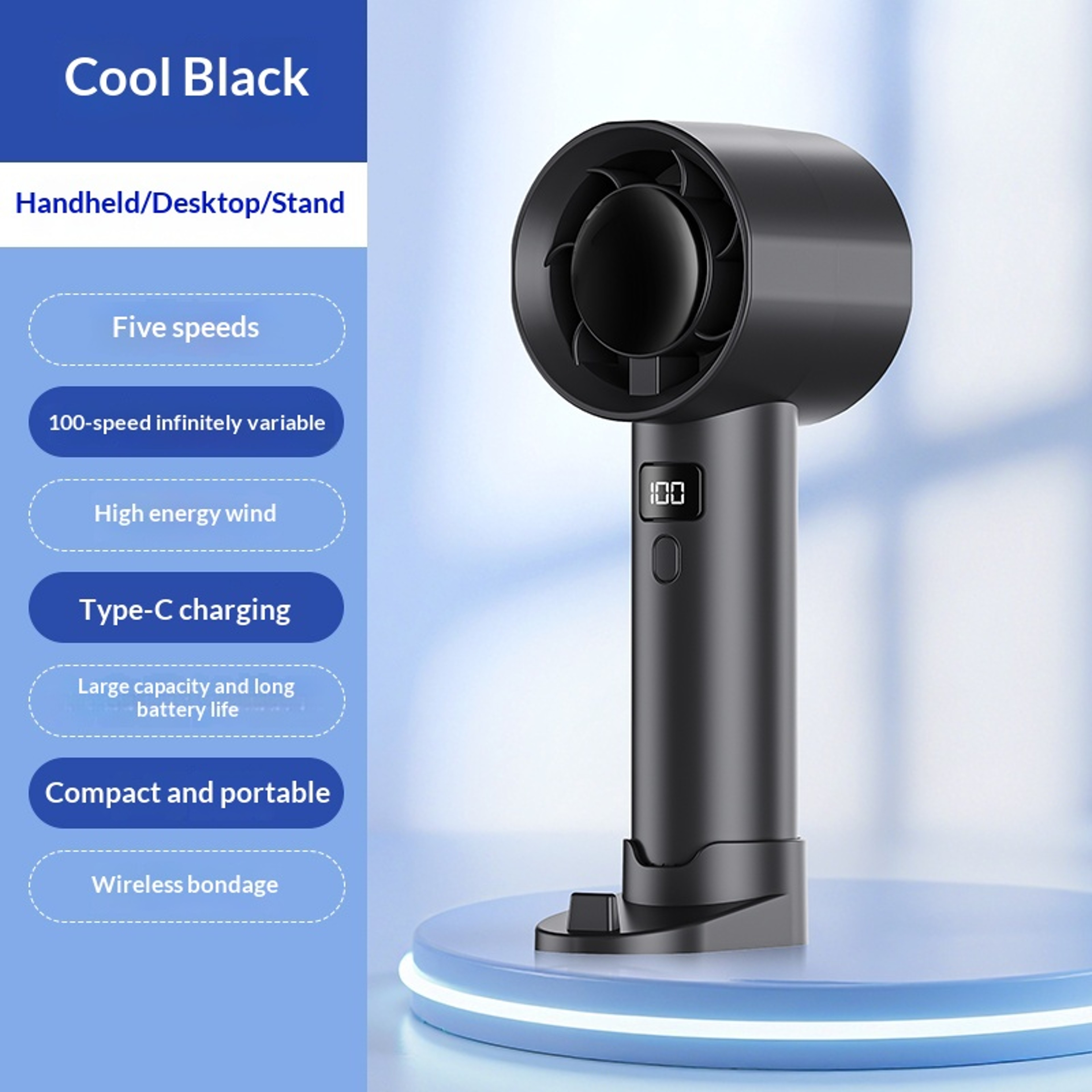 Portable TurboBlaze Handheld Fan 100 Speed USB Rechargeable Bladeless Cooling Fan 5