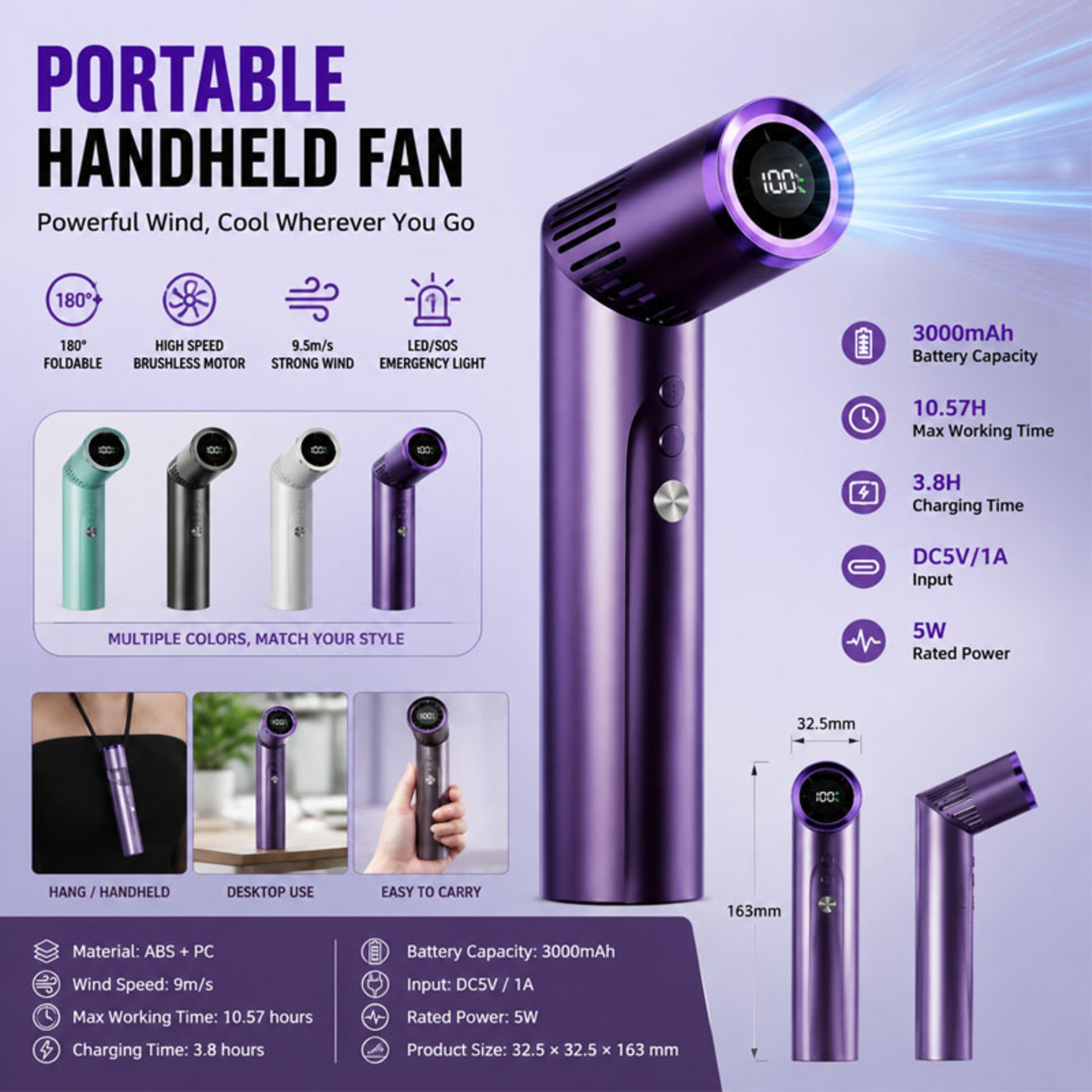 Portable Handheld Fan With LED Display Rechargeable Mini Folding Fan 1