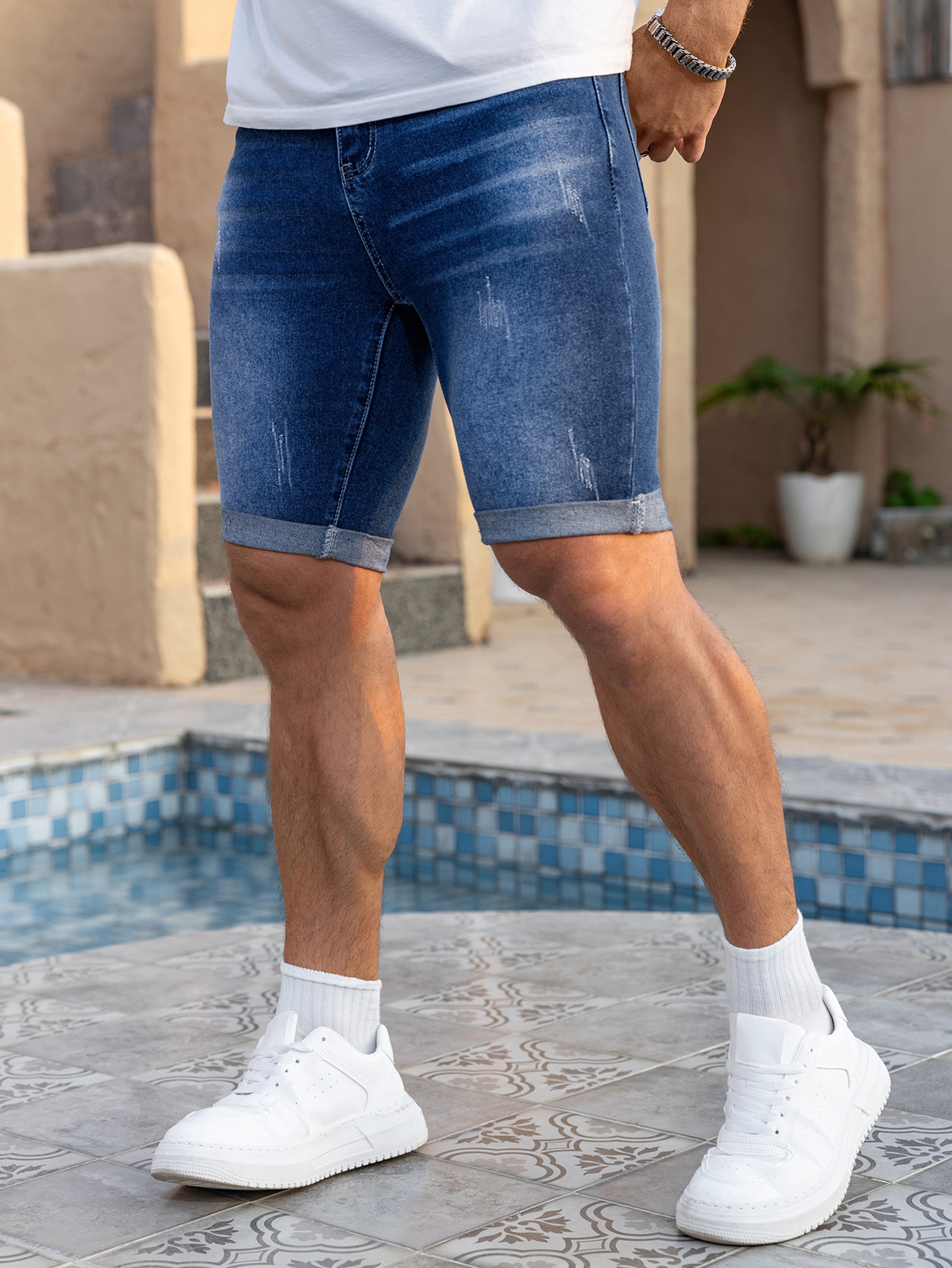 Dark Wash Rolled Cuff Mens Denim Shorts 2