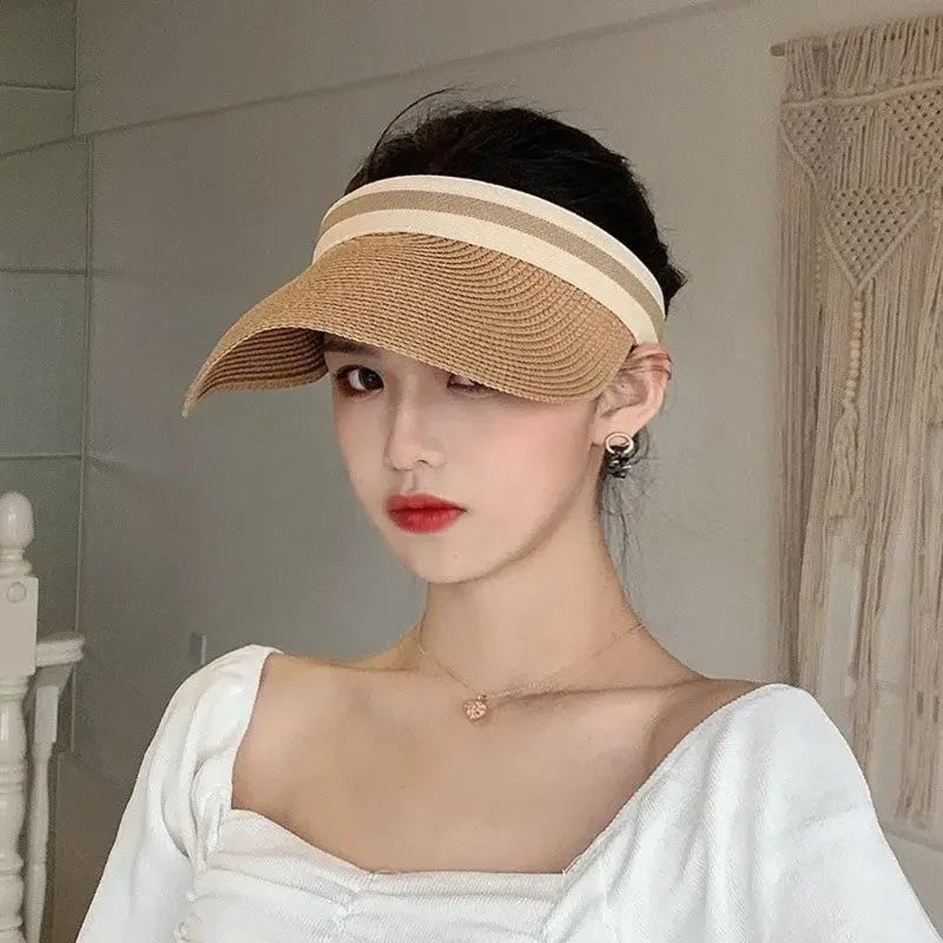 Korean Raffia Sun Visor Hat For Women With UV Protection Breathable Straw Beach Cap 3