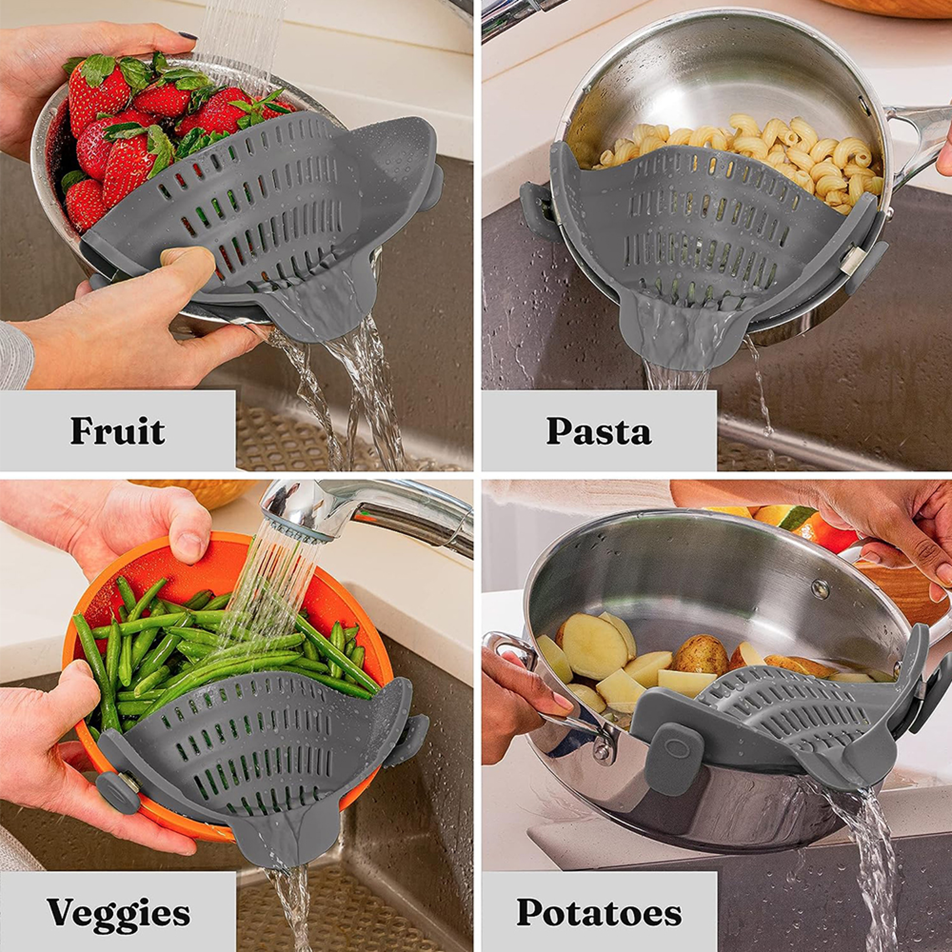 SnapGrip Clip On Pot Strainer Silicone Pasta Strainer For Pots Pans And Bowls 1