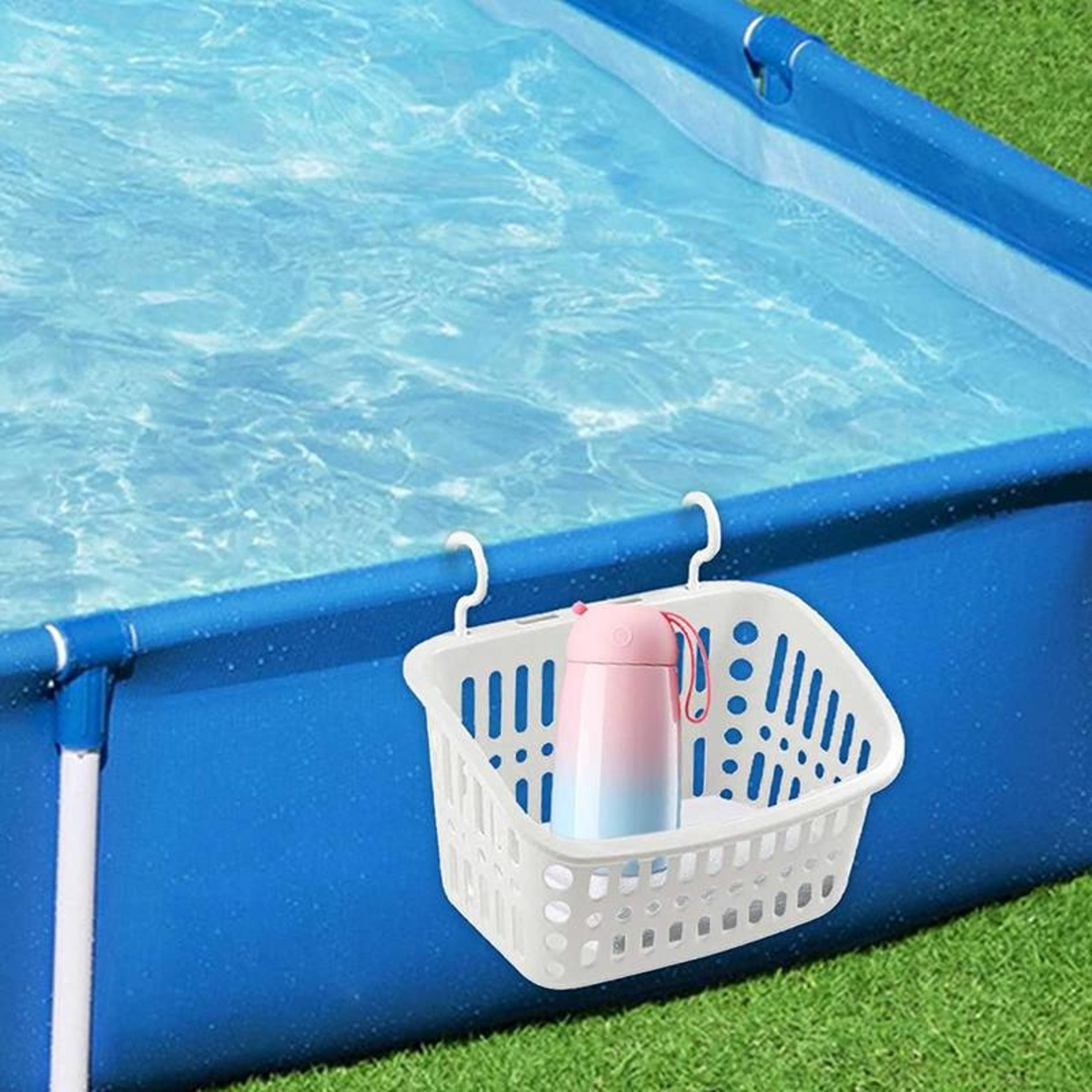Poolside Drink Holder Basket For Above Ground Pools With Cup Holder And Storage Shelf 0
