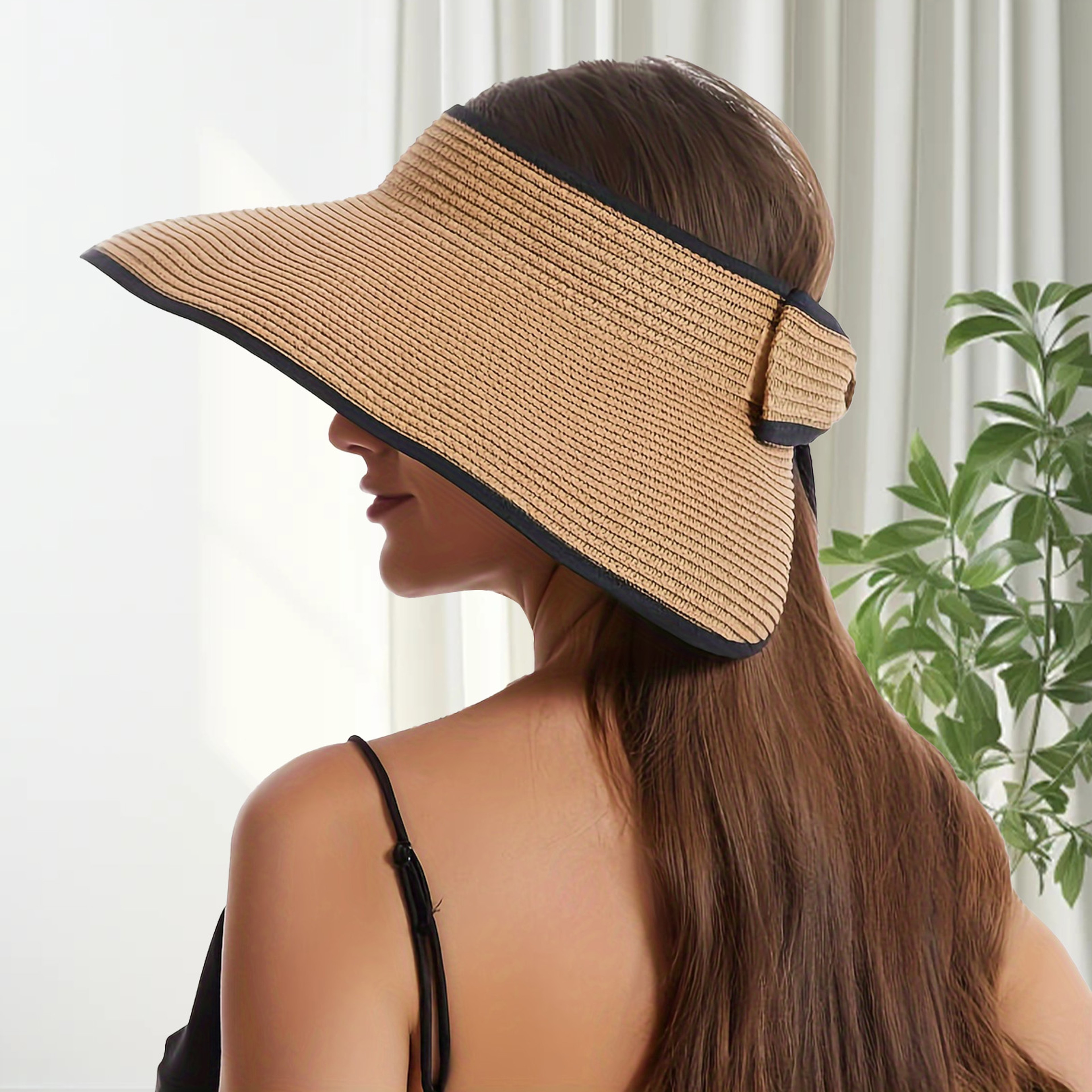 SunShield Wide Brim Straw Hat Foldable Beach Hat For Women With Bow And Open Top 0