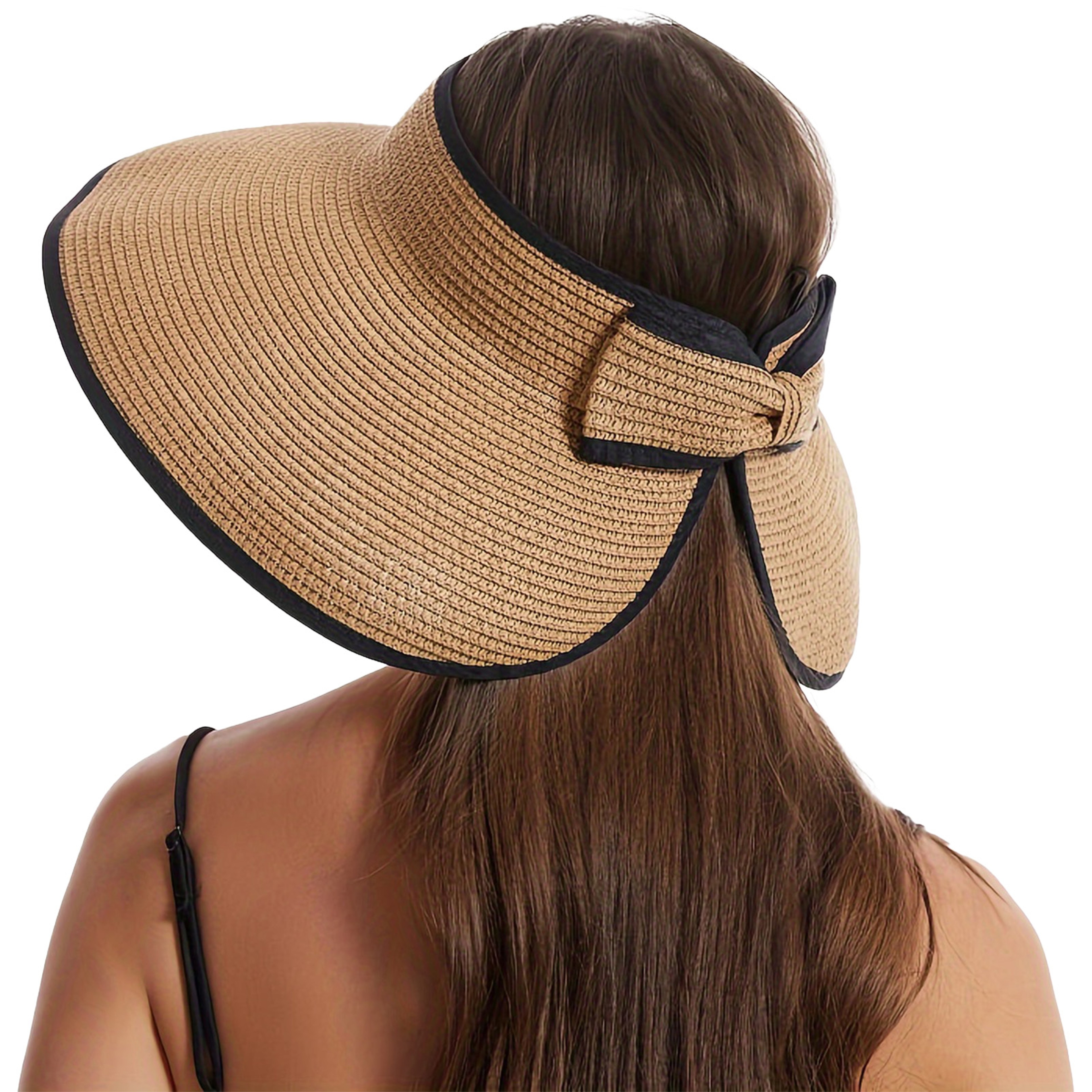 SunShield Wide Brim Straw Hat Foldable Beach Hat For Women With Bow And Open Top 5