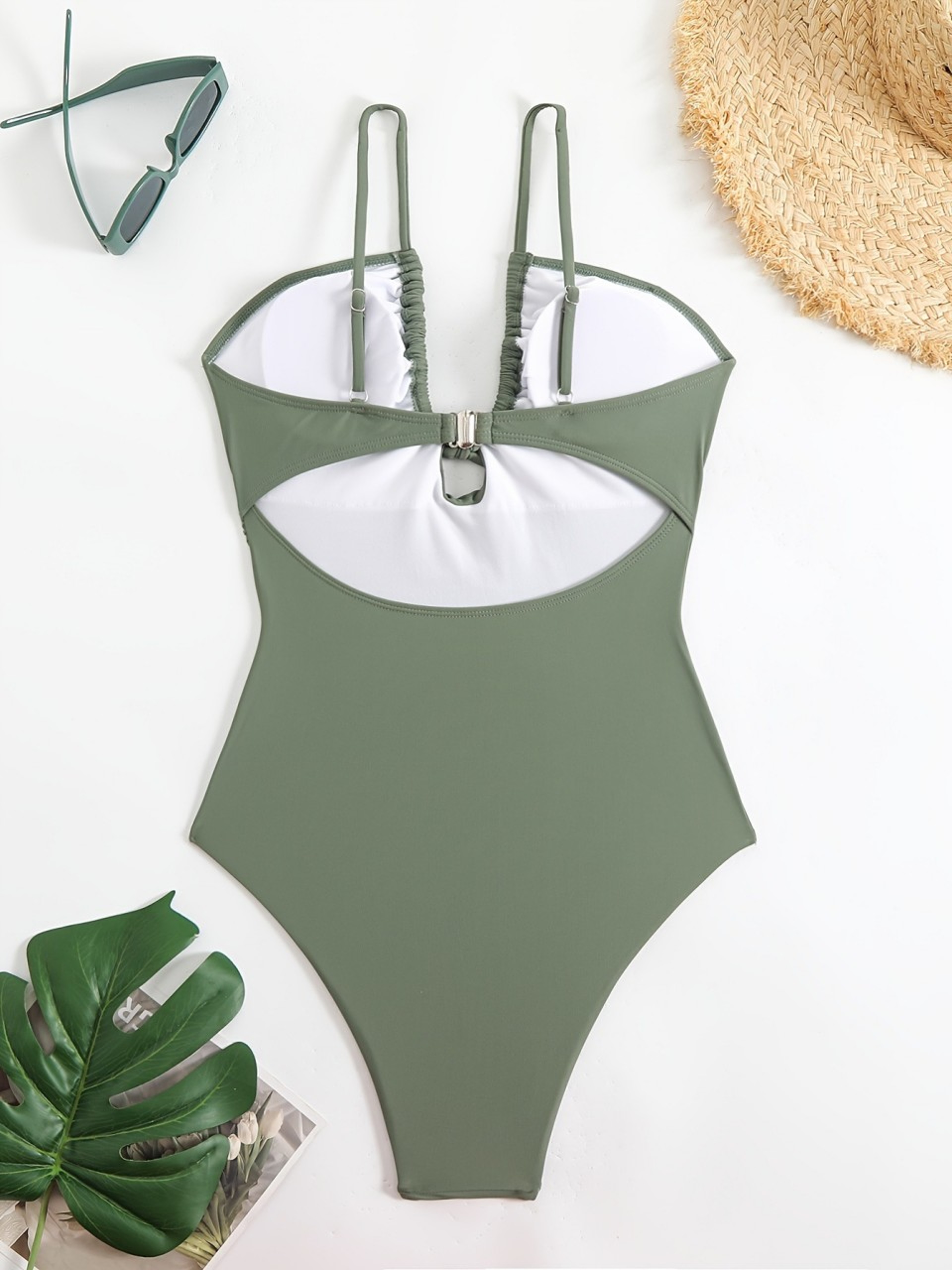 Army Green One Piece Swimsuit For Women Strappy Padded Swimwear With Adjustable Tie Back 4