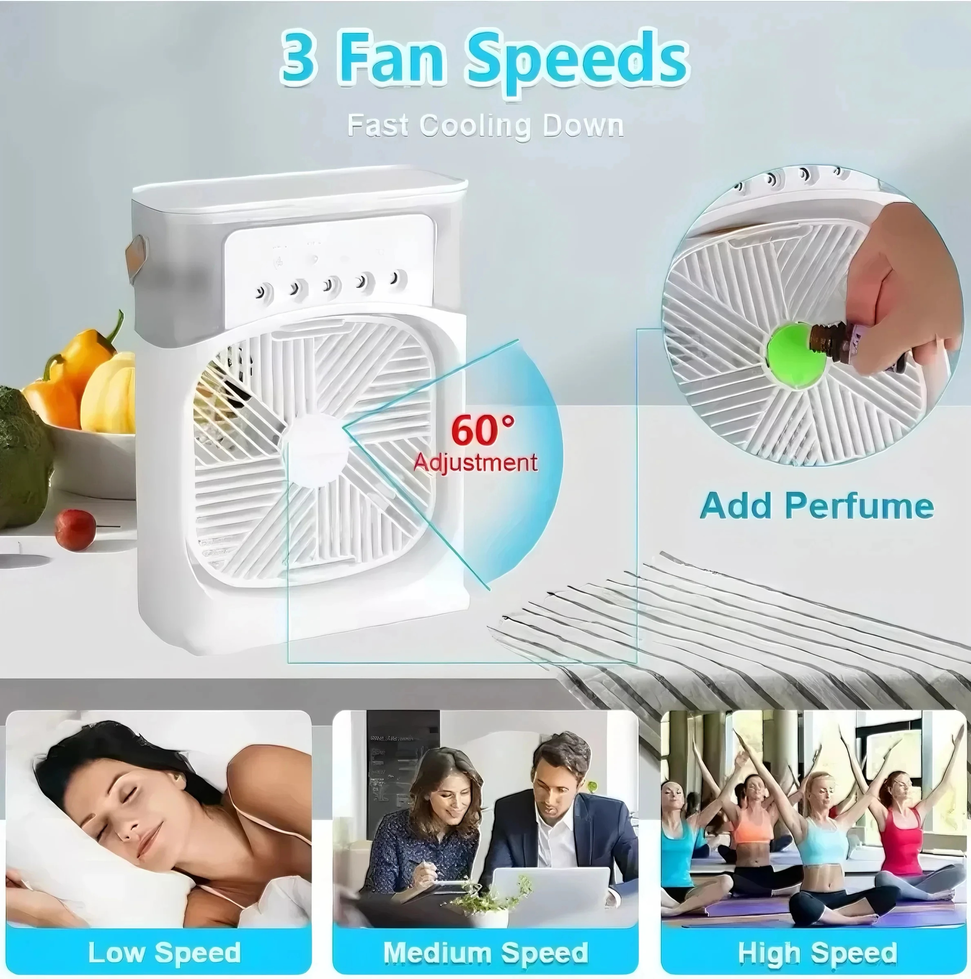 3 In 1 Portable Air Cooler Fan With Humidifier Mist And LED Night Light 6