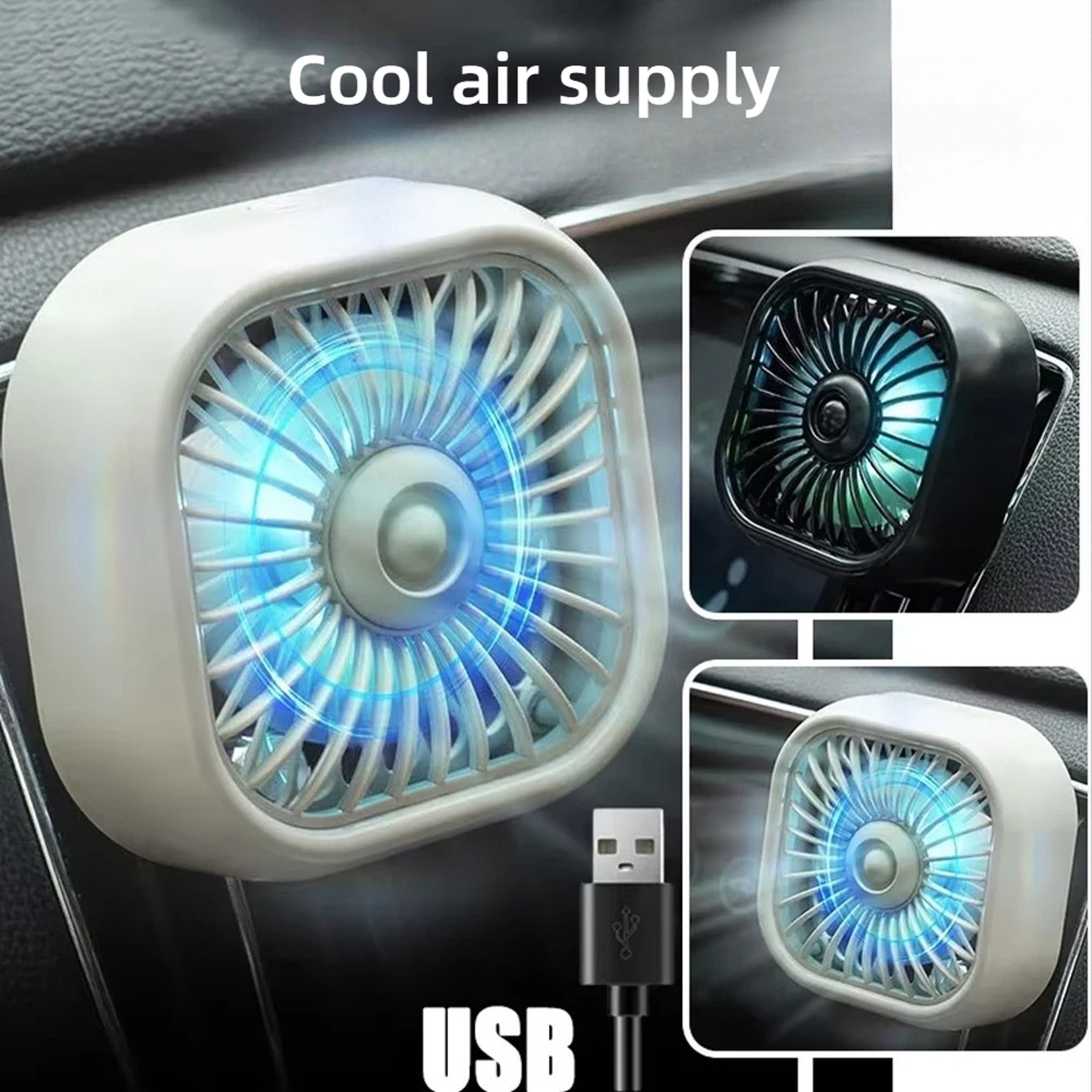 Mini USB Car Fan With LED Light 3 Speed Adjustable Cooling Vent Mount 2