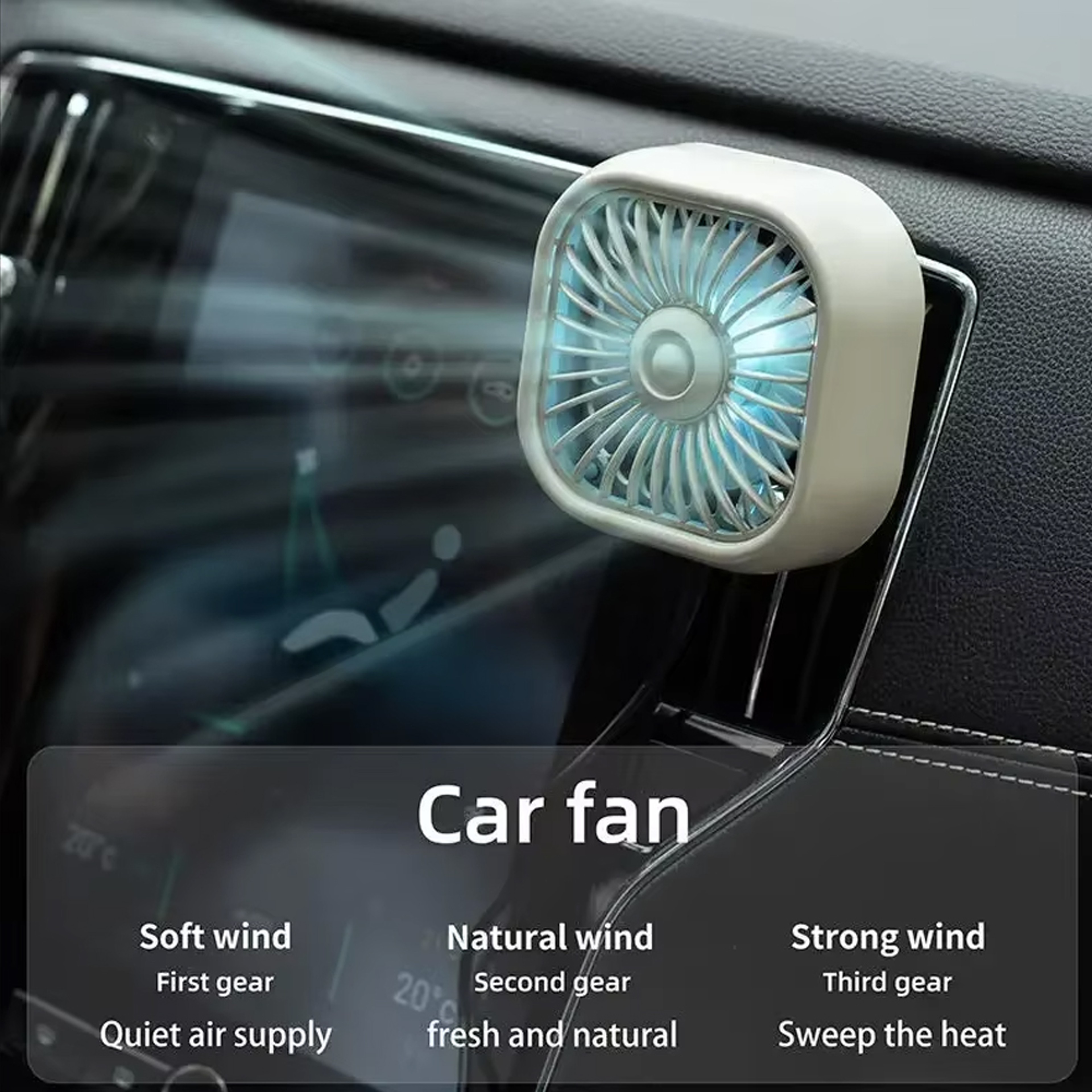 Mini USB Car Fan With LED Light 3 Speed Adjustable Cooling Vent Mount 4